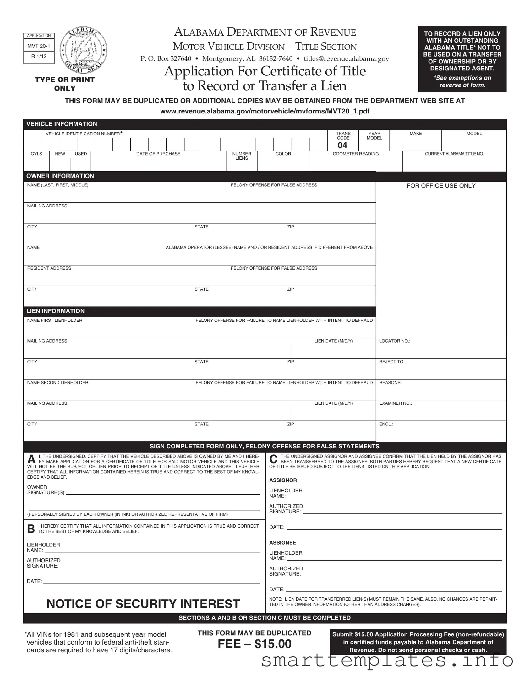 Fill in a Valid Alabama Mvt 20 1 Form