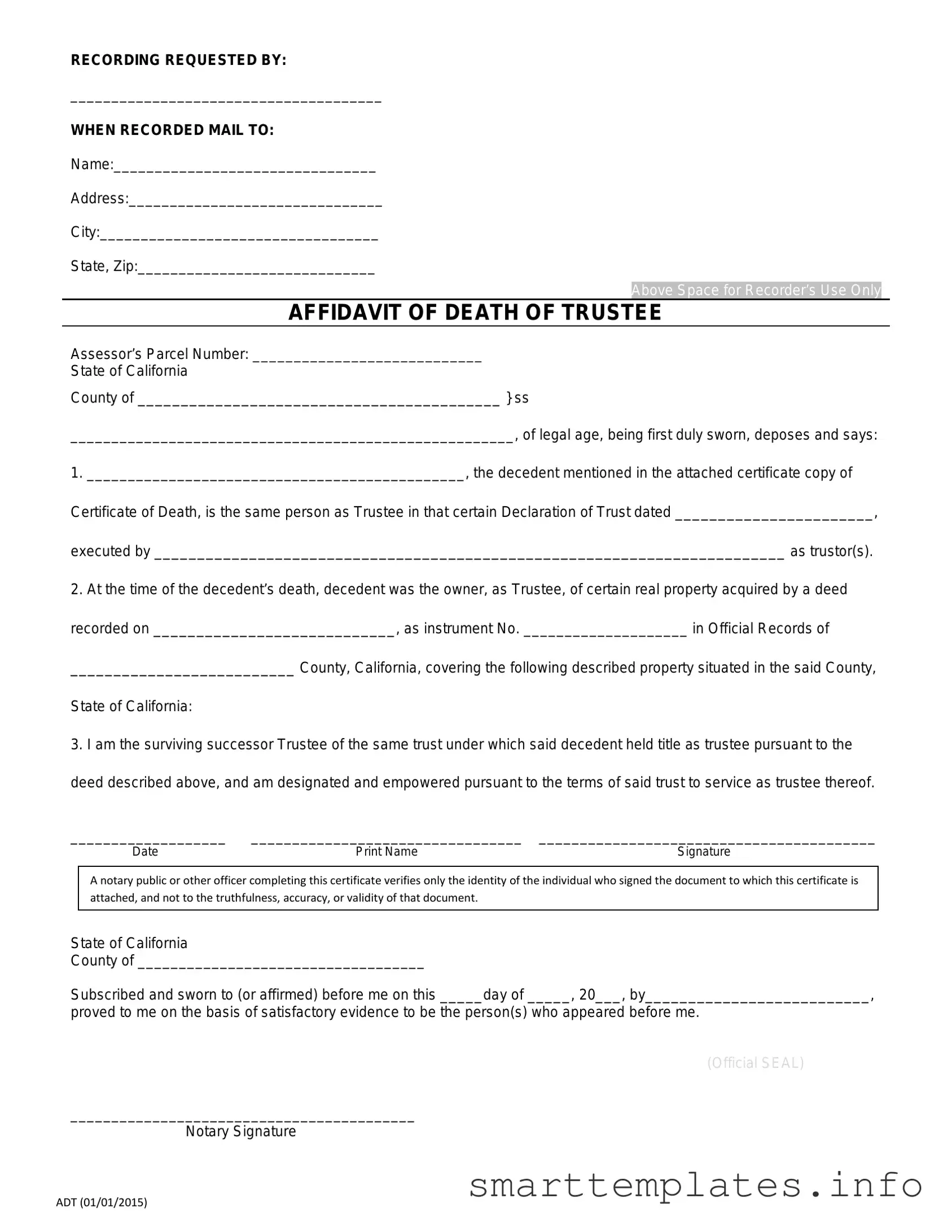 Fill in a Valid California Affidavit of Death of a Trustee Form