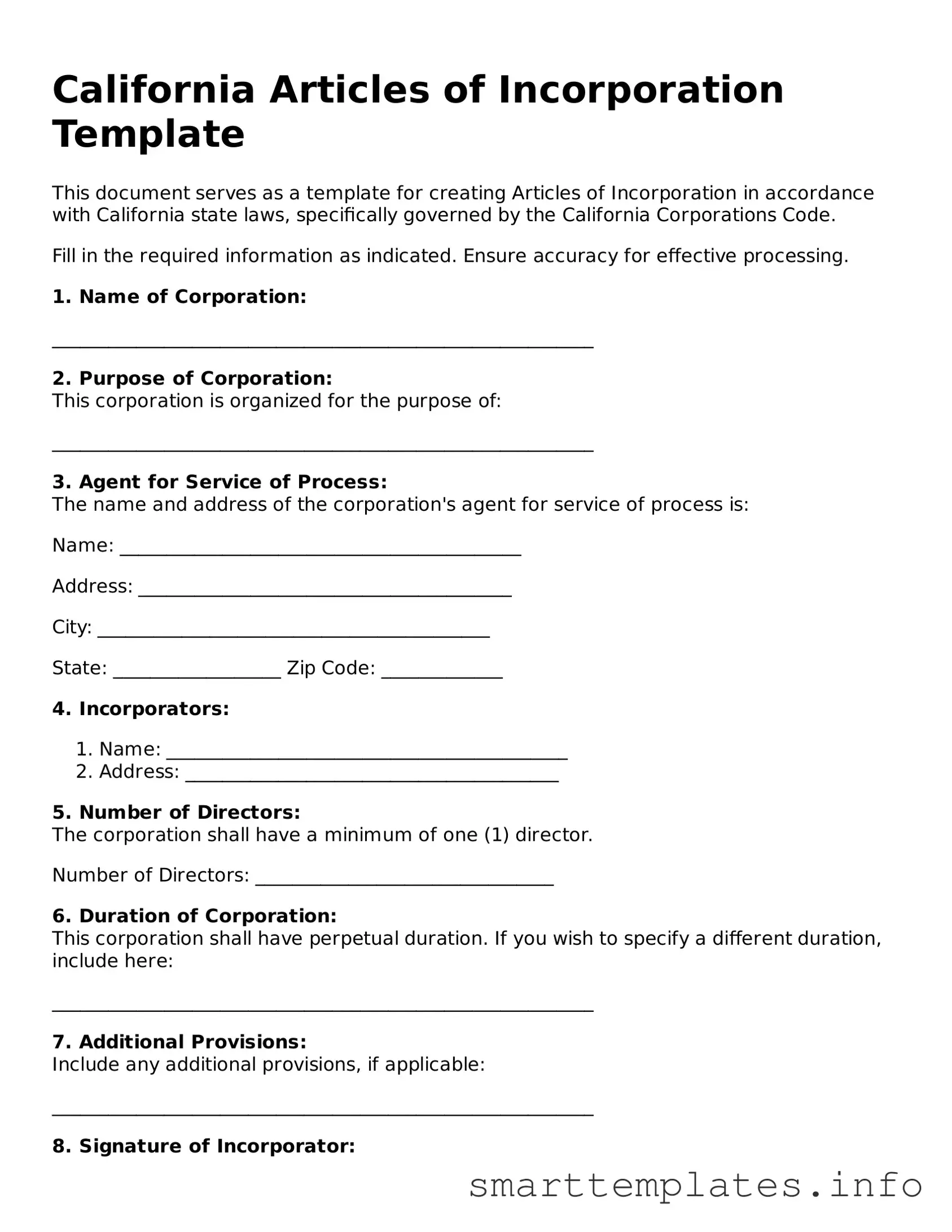 Legal Articles of Incorporation Template for California State