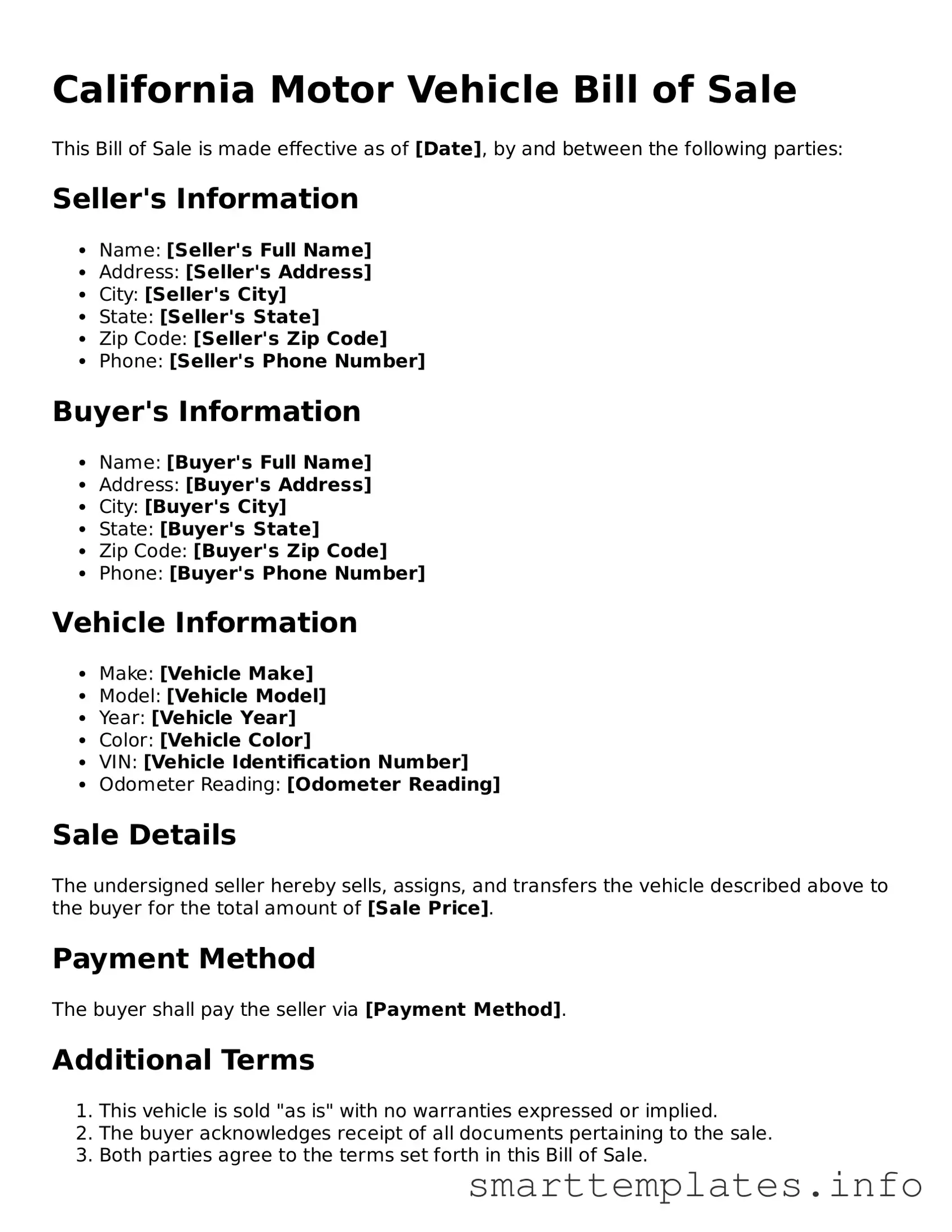 Legal Motor Vehicle Bill of Sale Template for California State