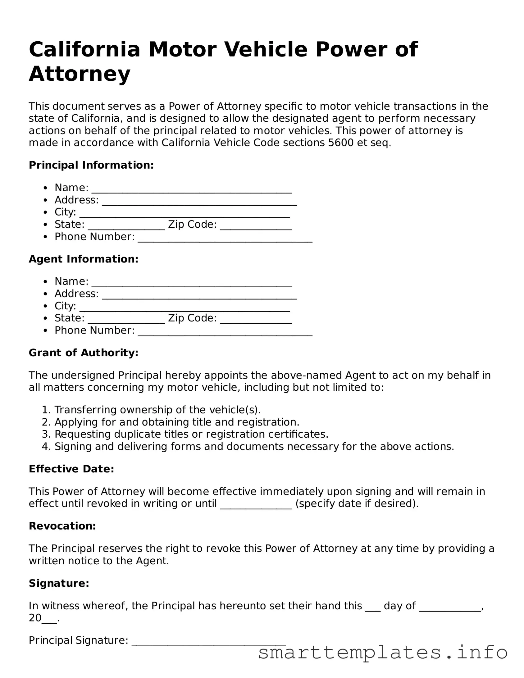 Legal Motor Vehicle Power of Attorney Template for California State