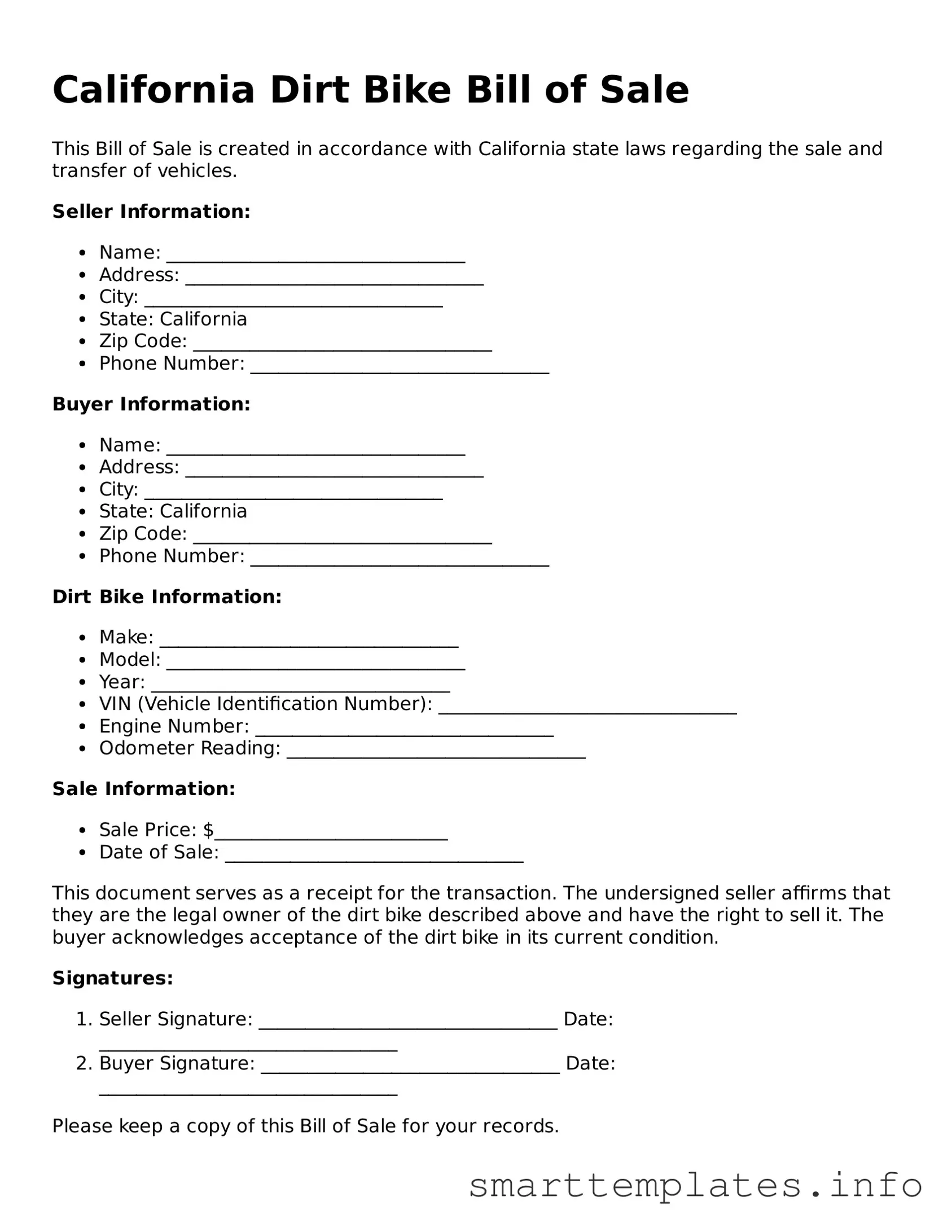Legal Dirt Bike Bill of Sale Template for California State