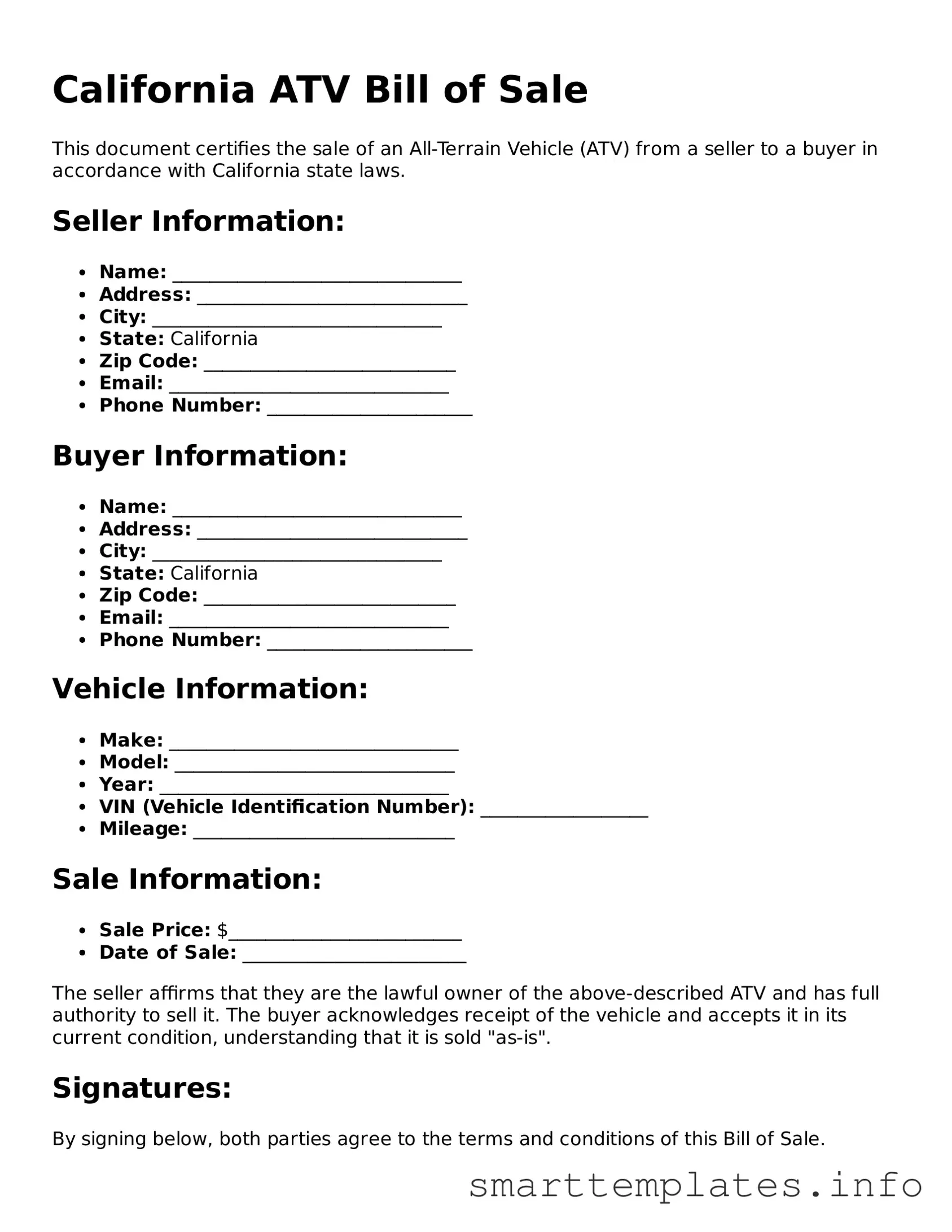 Legal ATV Bill of Sale Template for California State