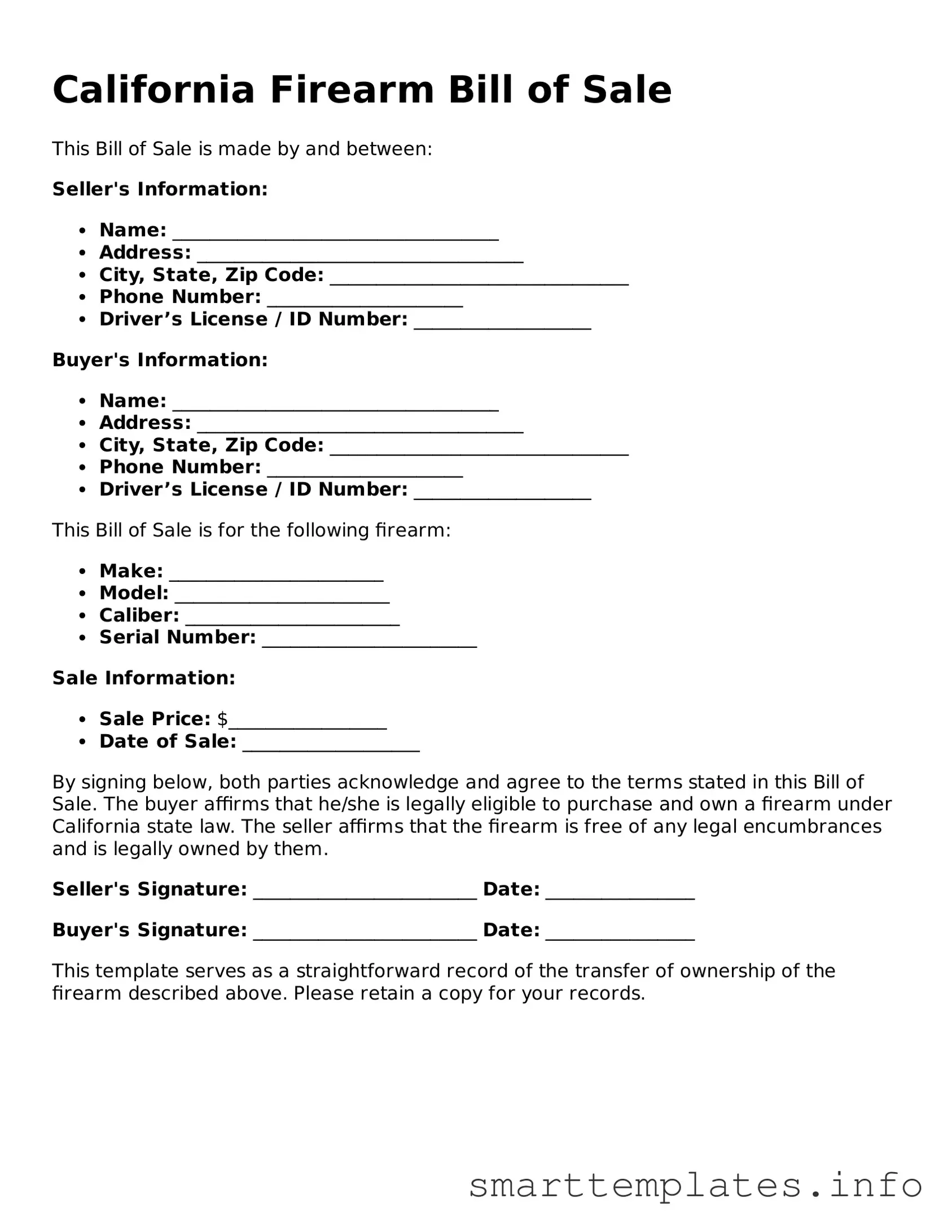 Legal Firearm Bill of Sale Template for California State