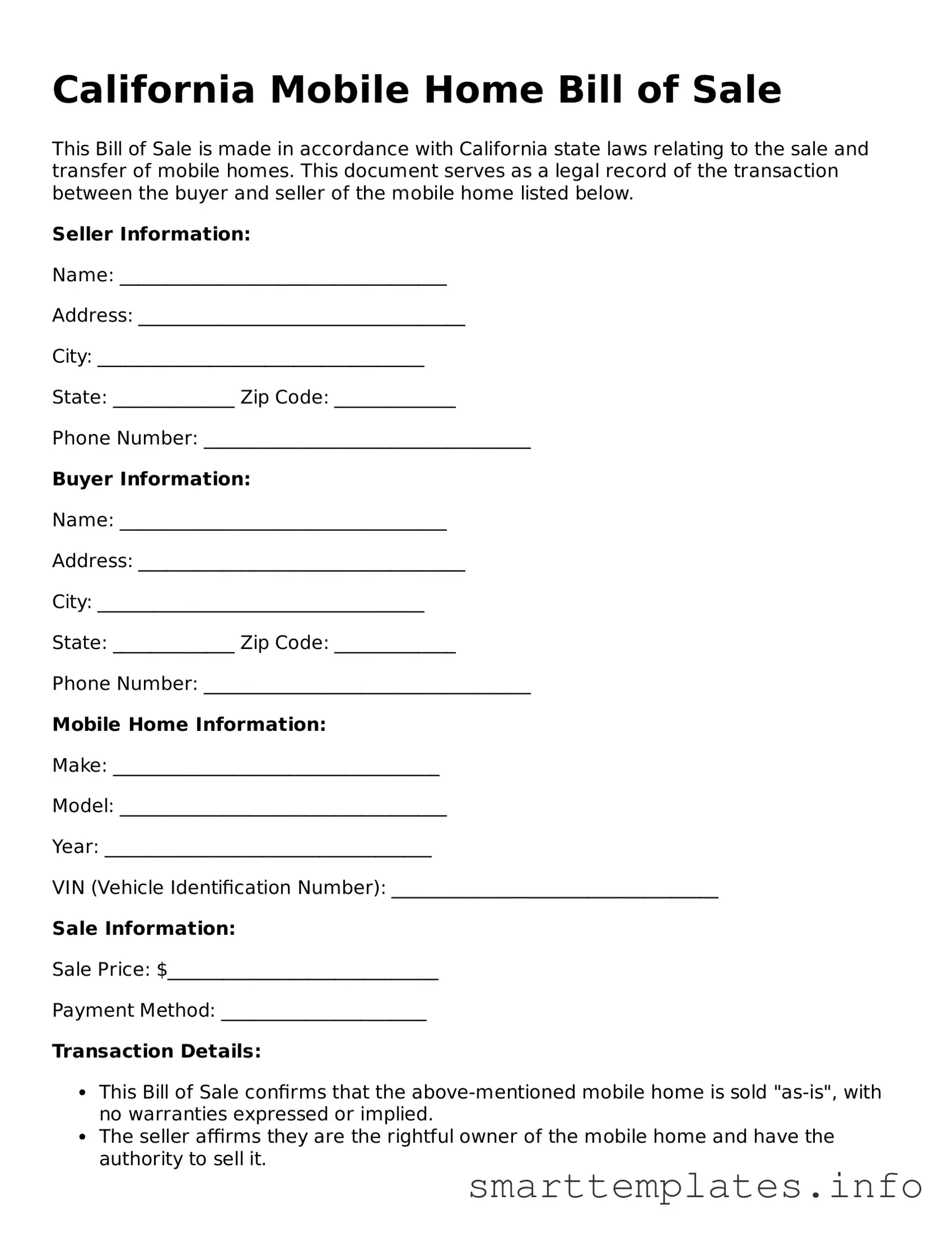 Legal Mobile Home Bill of Sale Template for California State