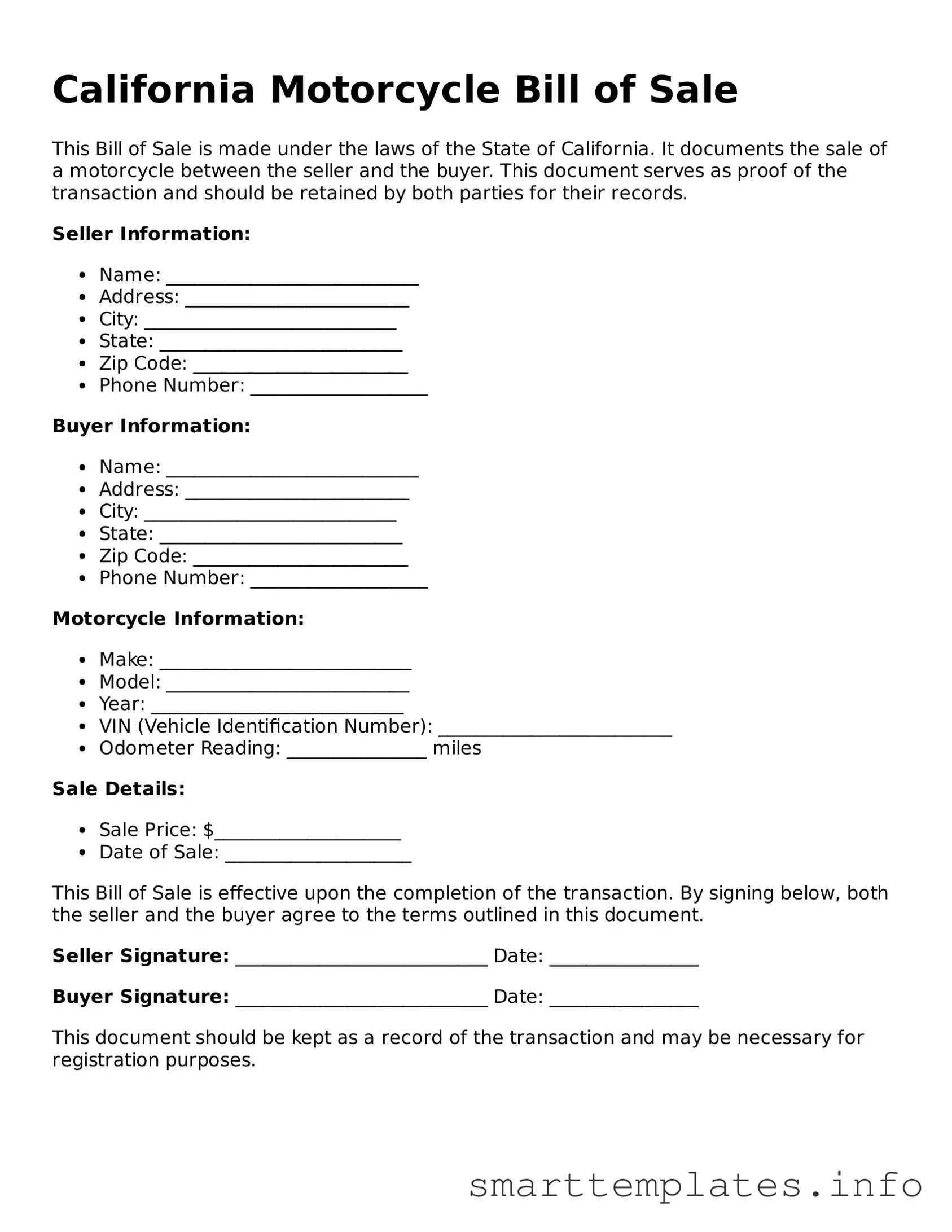 Legal Motorcycle Bill of Sale Template for California State