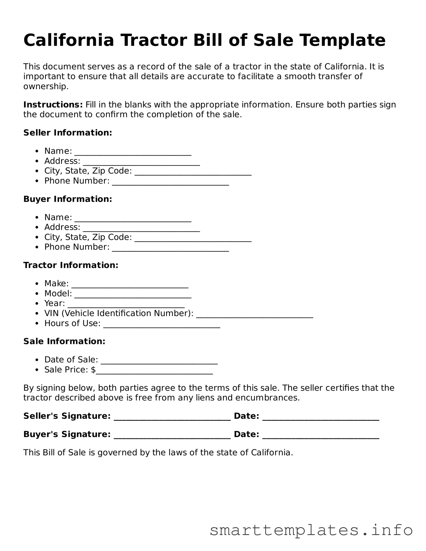 Legal Tractor Bill of Sale Template for California State