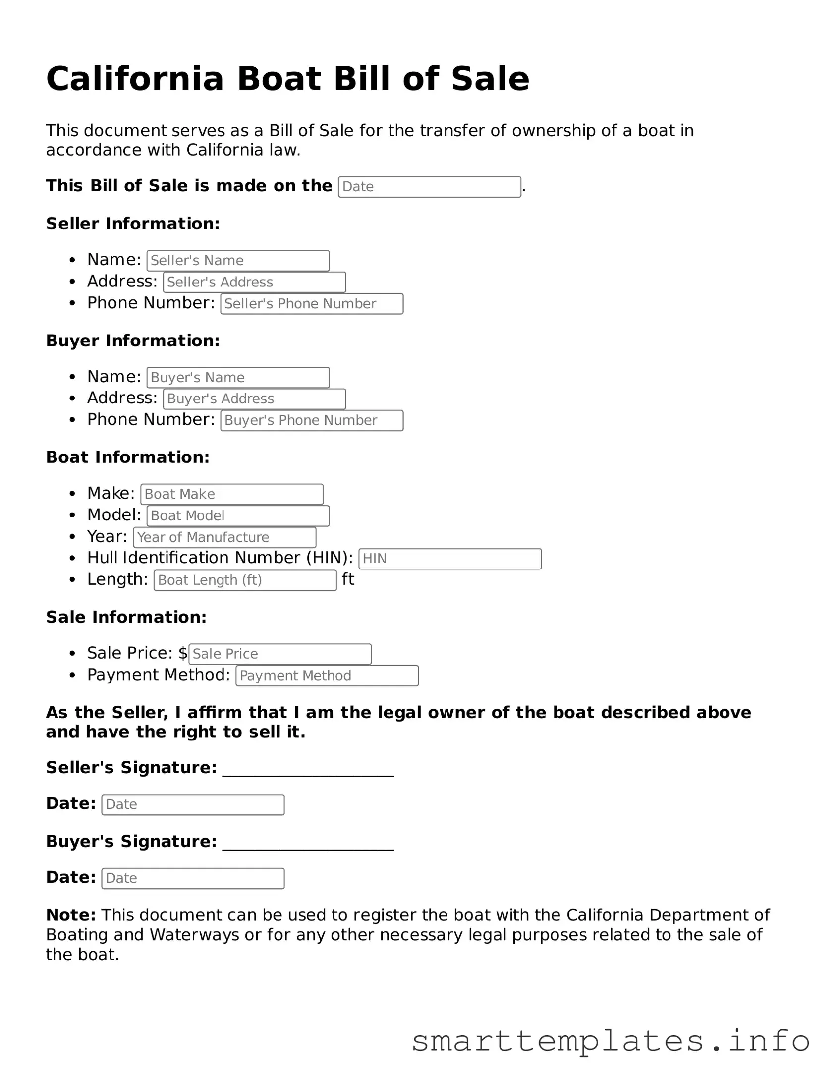 Legal Boat Bill of Sale Template for California State