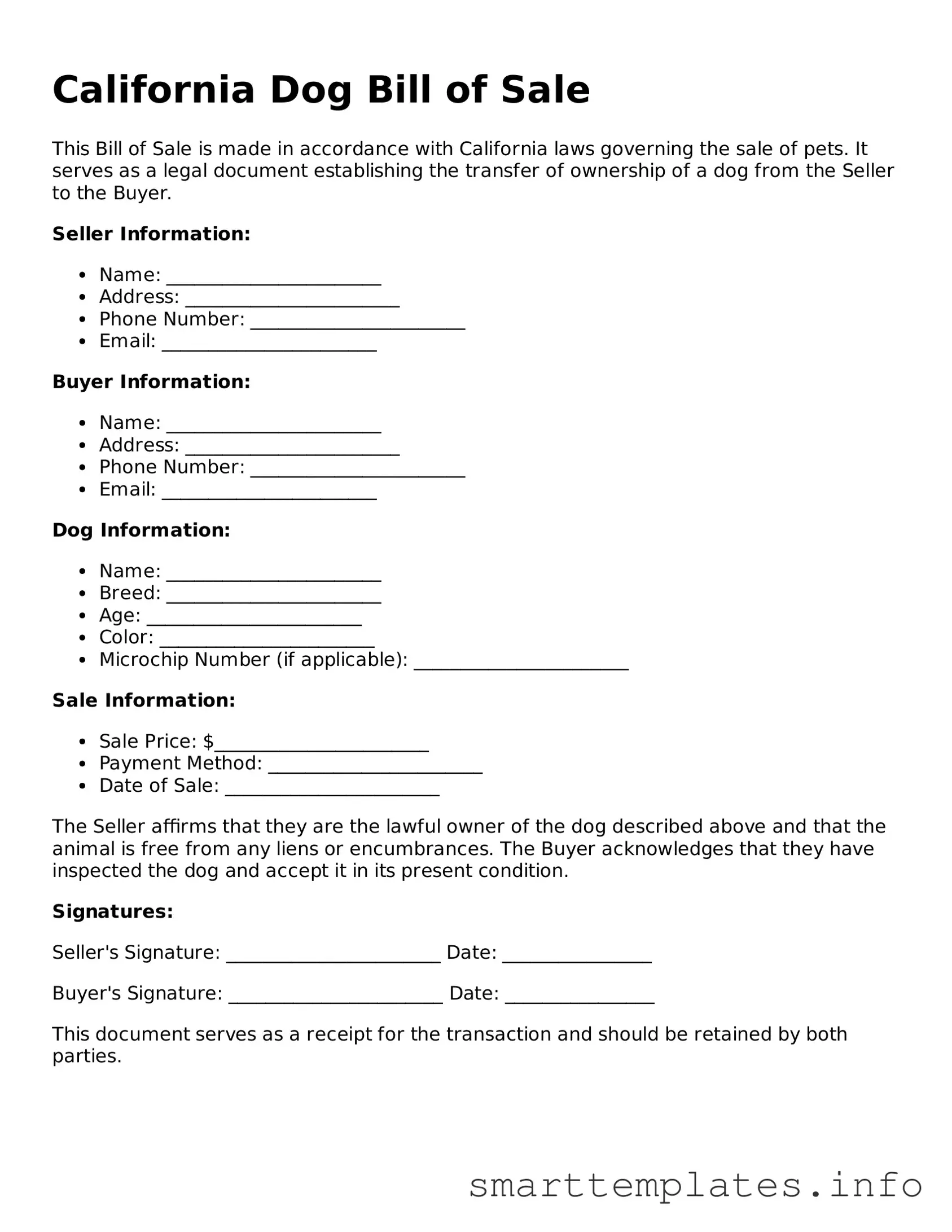 Legal Dog Bill of Sale Template for California State