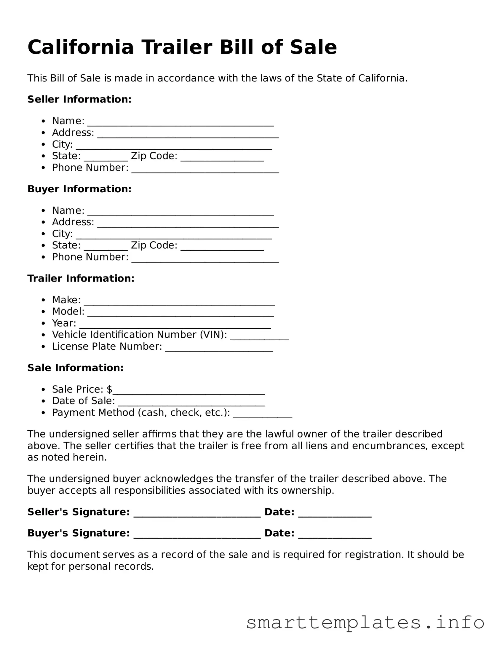 Legal Trailer Bill of Sale Template for California State