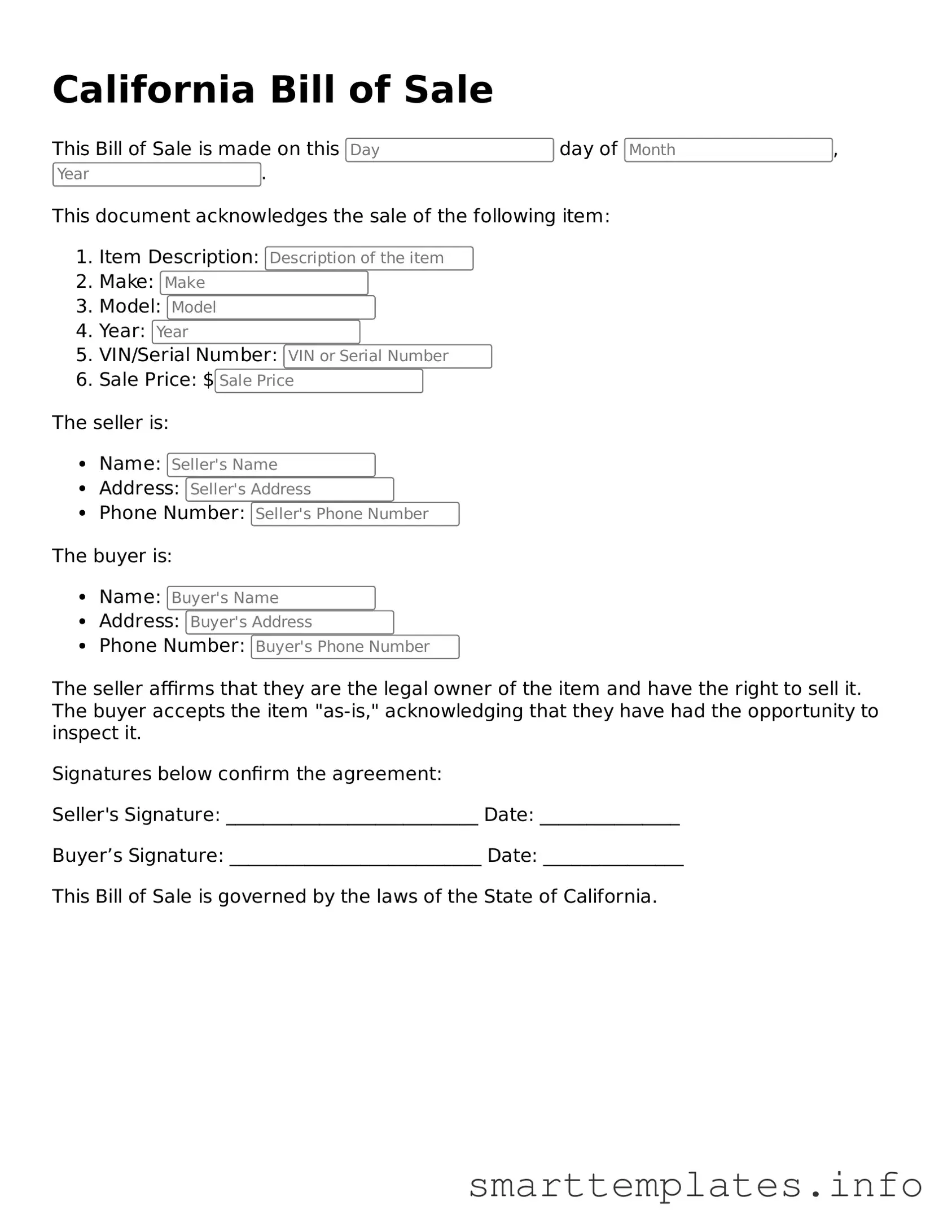 Legal Bill of Sale Template for California State