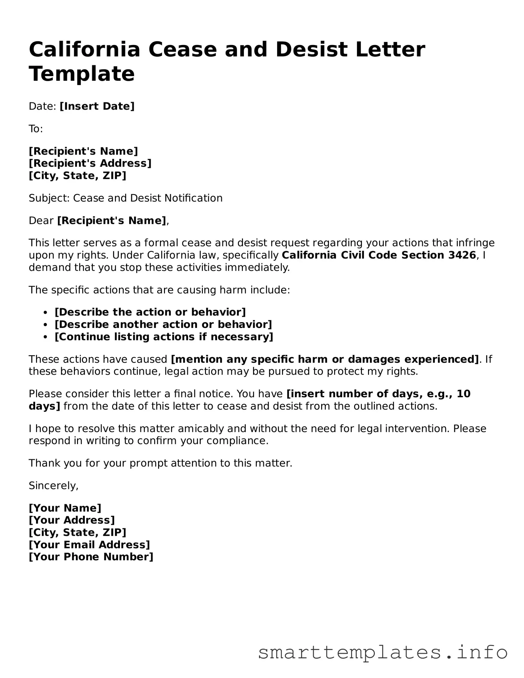 Legal Cease and Desist Letter Template for California State