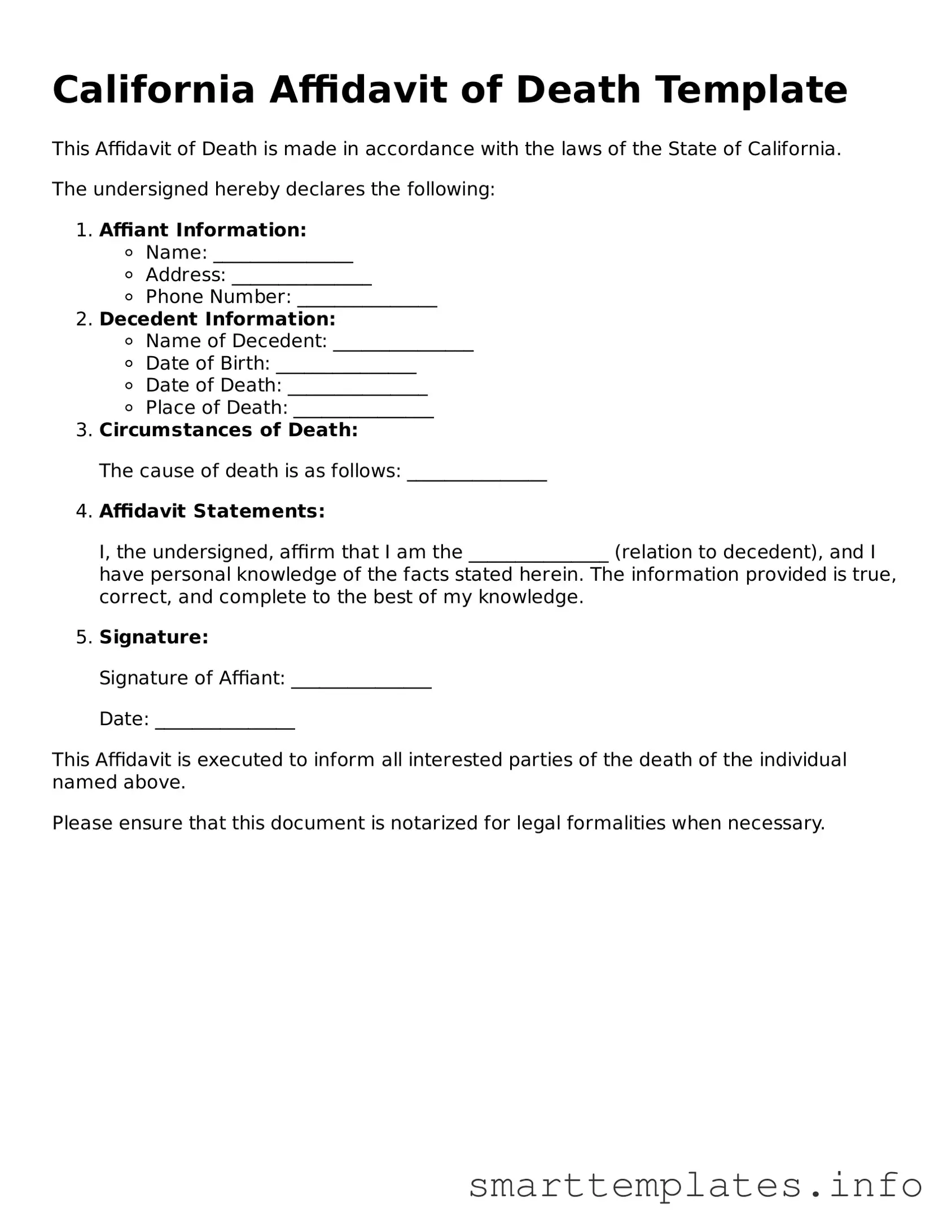 Legal Affidavit of Death Template for California State