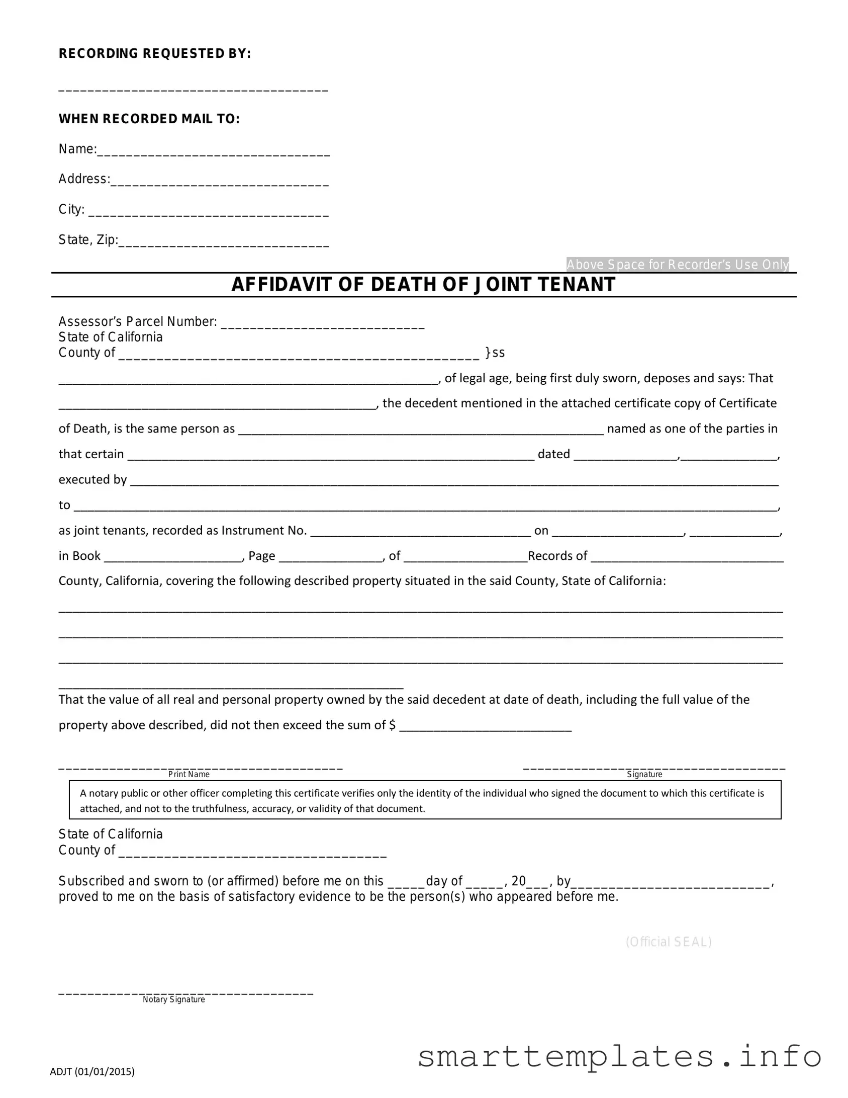Fill in a Valid California Death of a Joint Tenant Affidavit Form