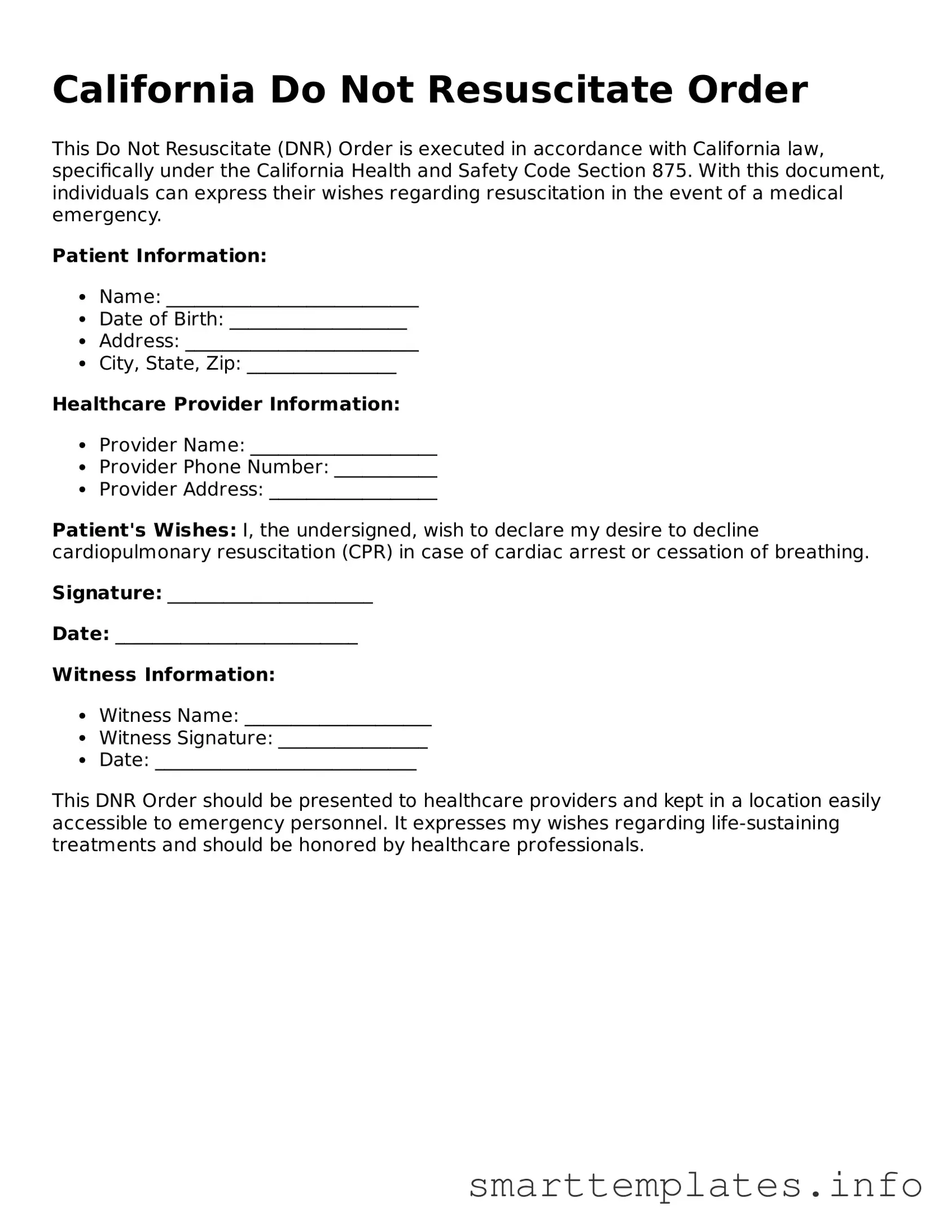 Legal Do Not Resuscitate Order Template for California State