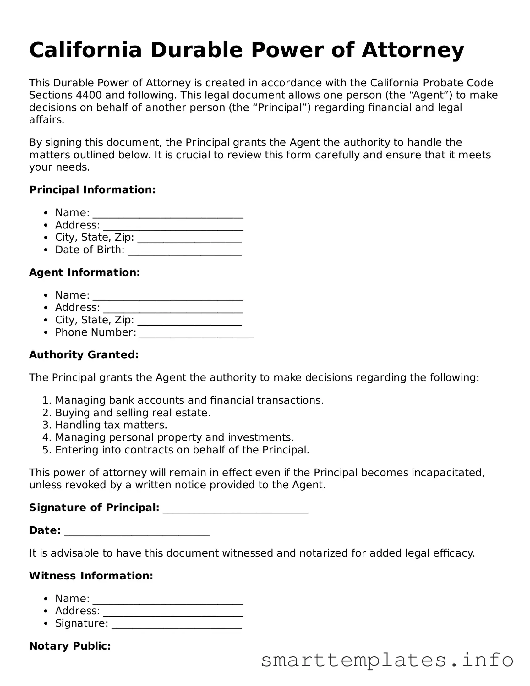 Legal Durable Power of Attorney Template for California State