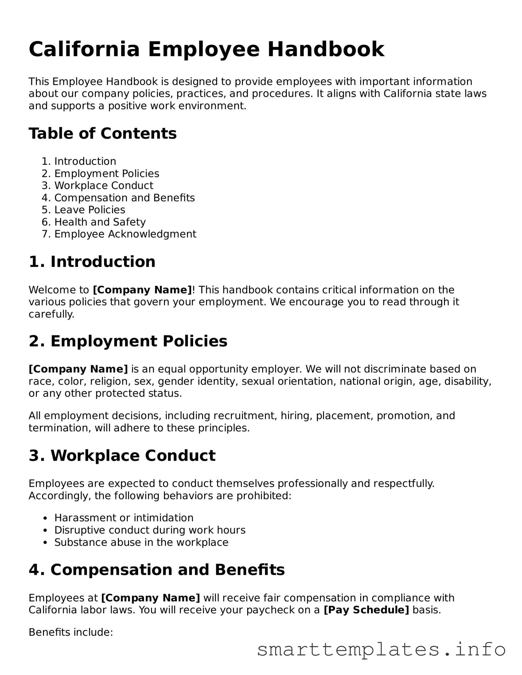 Legal Employee Handbook Template for California State