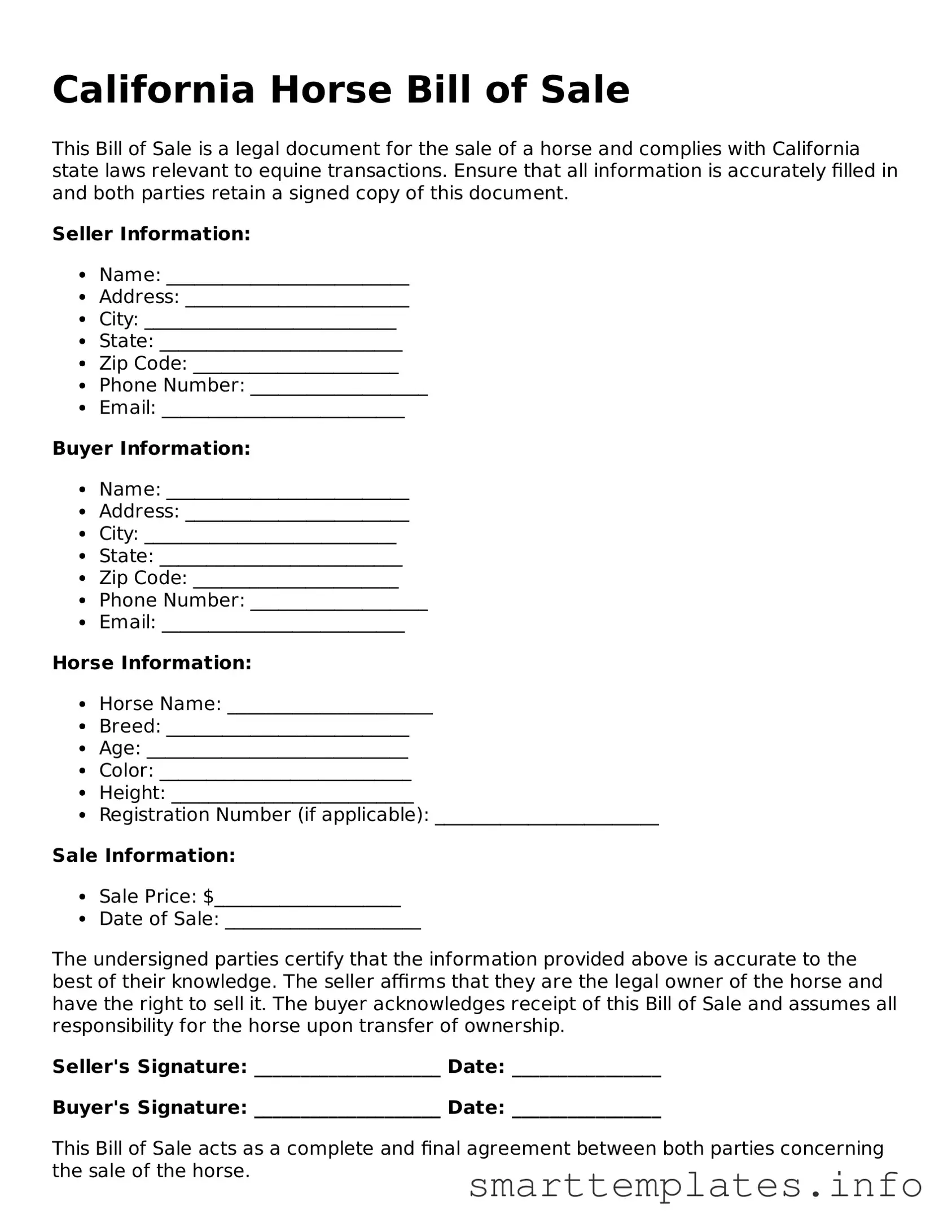 Legal Horse Bill of Sale Template for California State