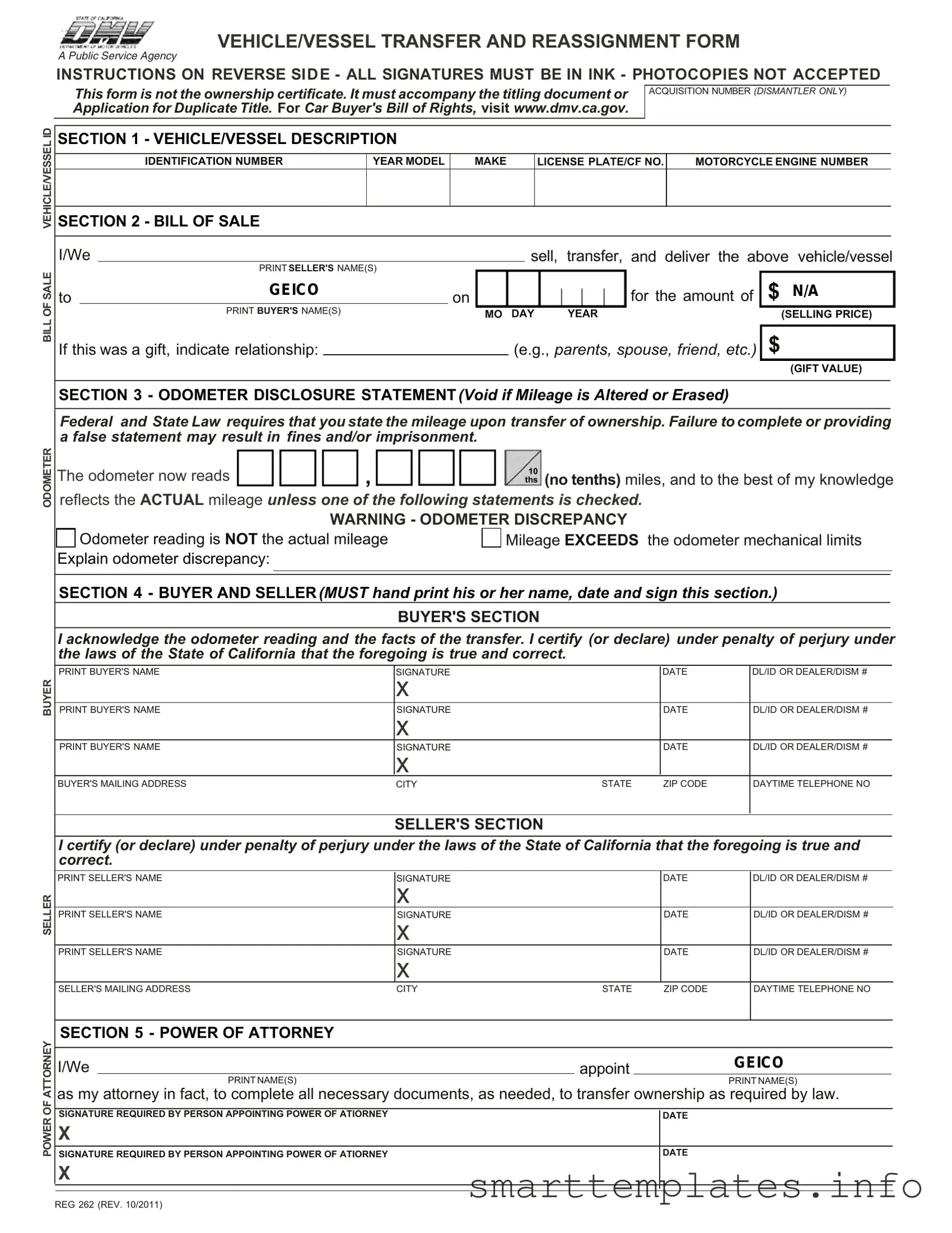 Fill in a Valid California Fotm Reg 262 Form