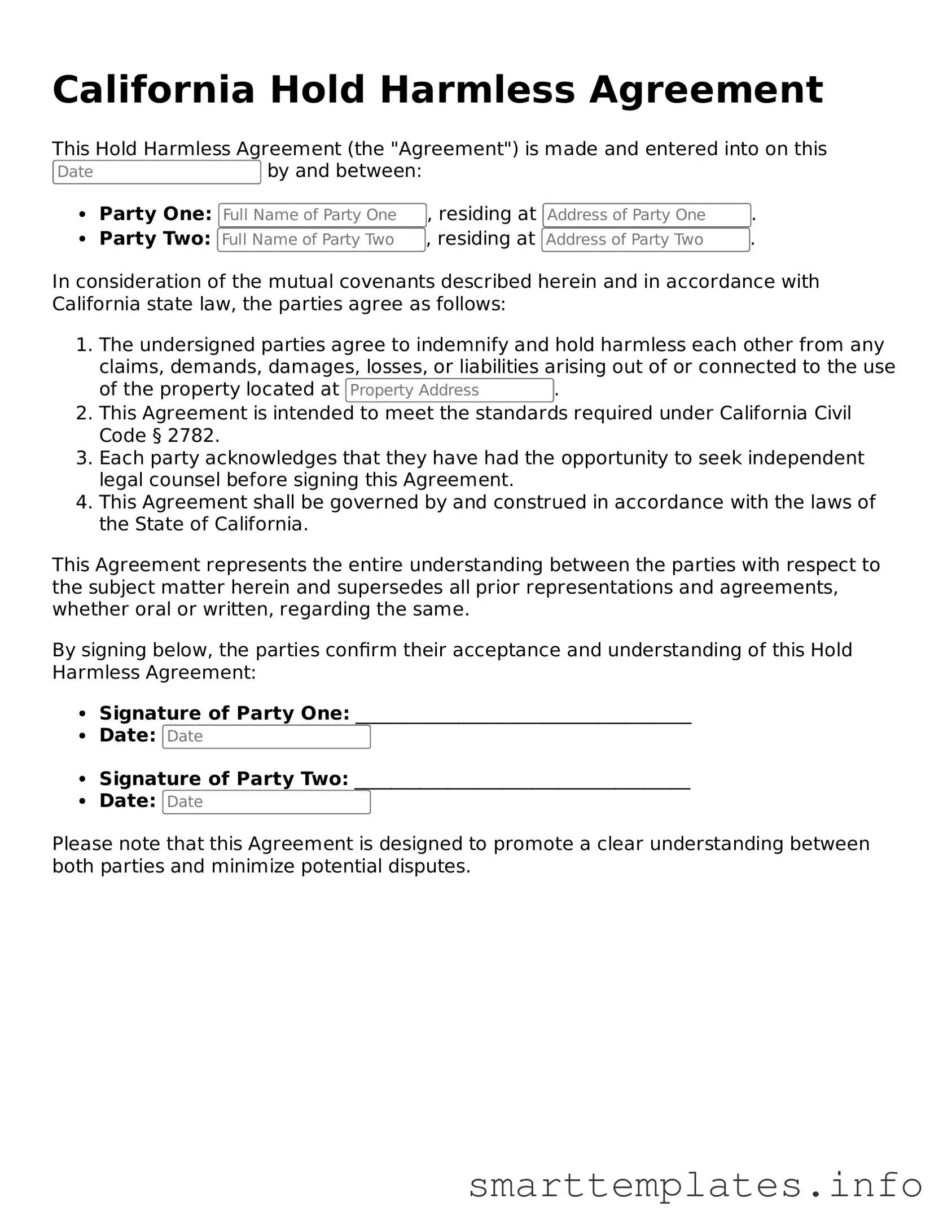 Legal Hold Harmless Agreement Template for California State