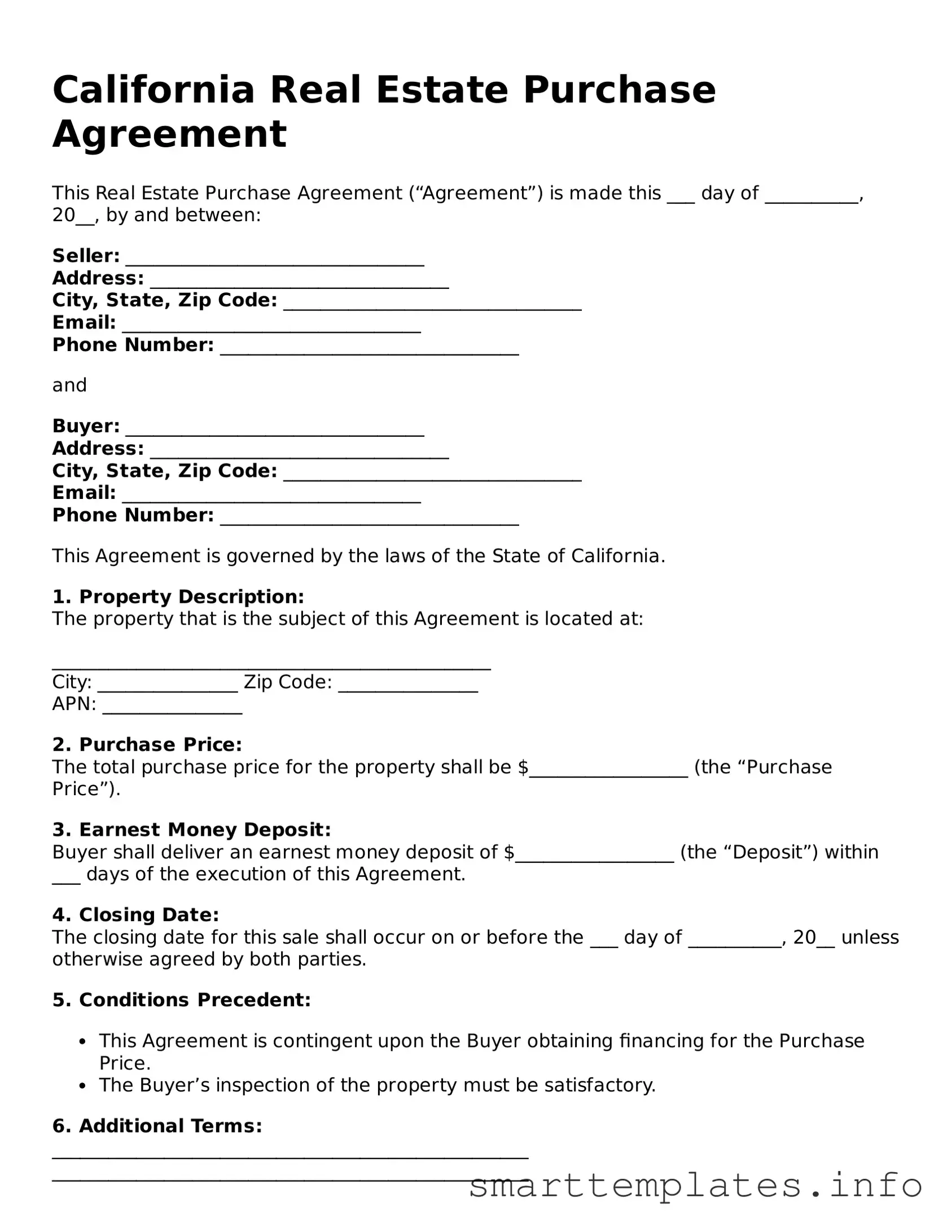 Legal Real Estate Purchase Agreement Template for California State