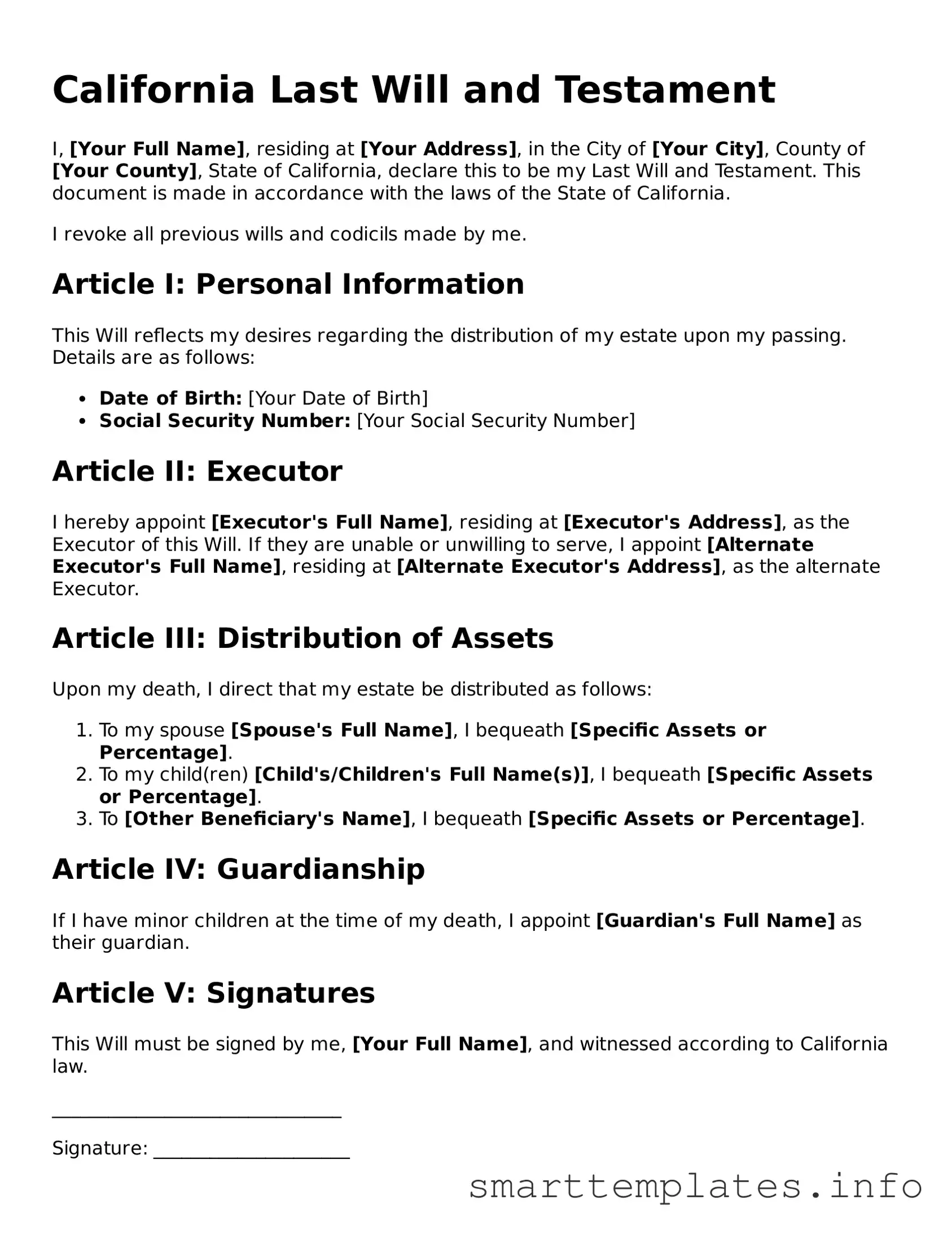 Legal Last Will and Testament Template for California State