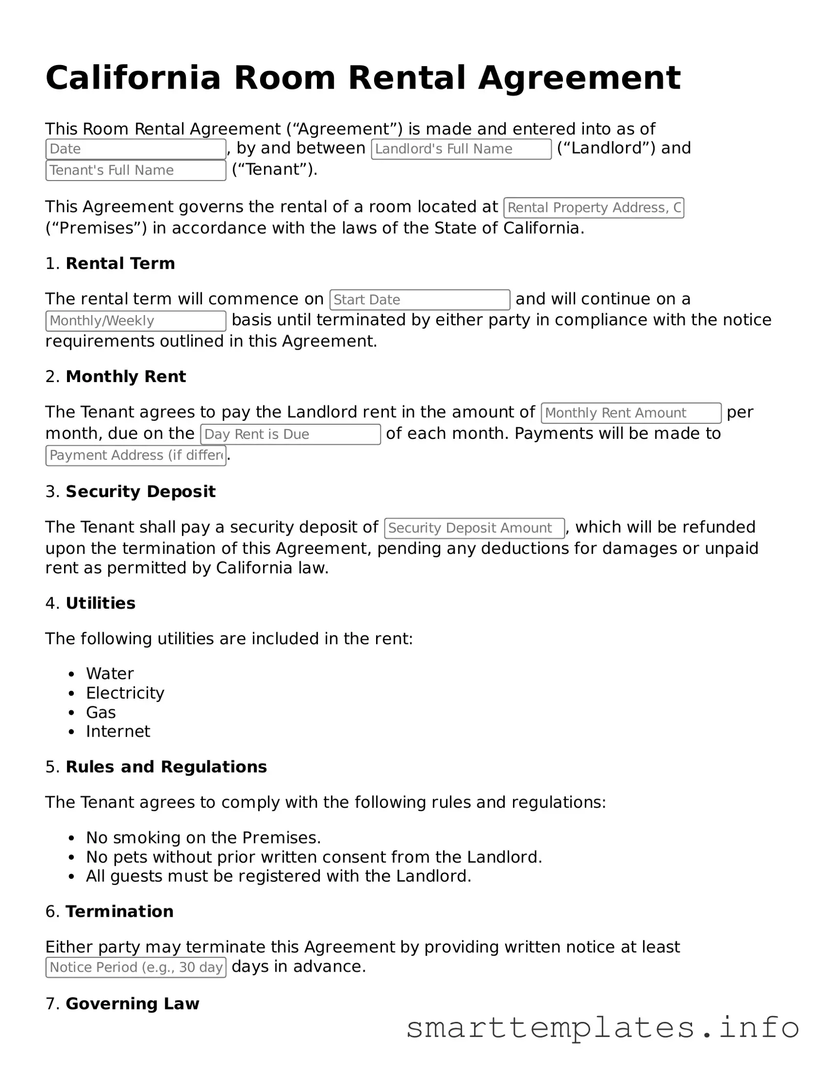 Legal Room Rental Agreement Template for California State