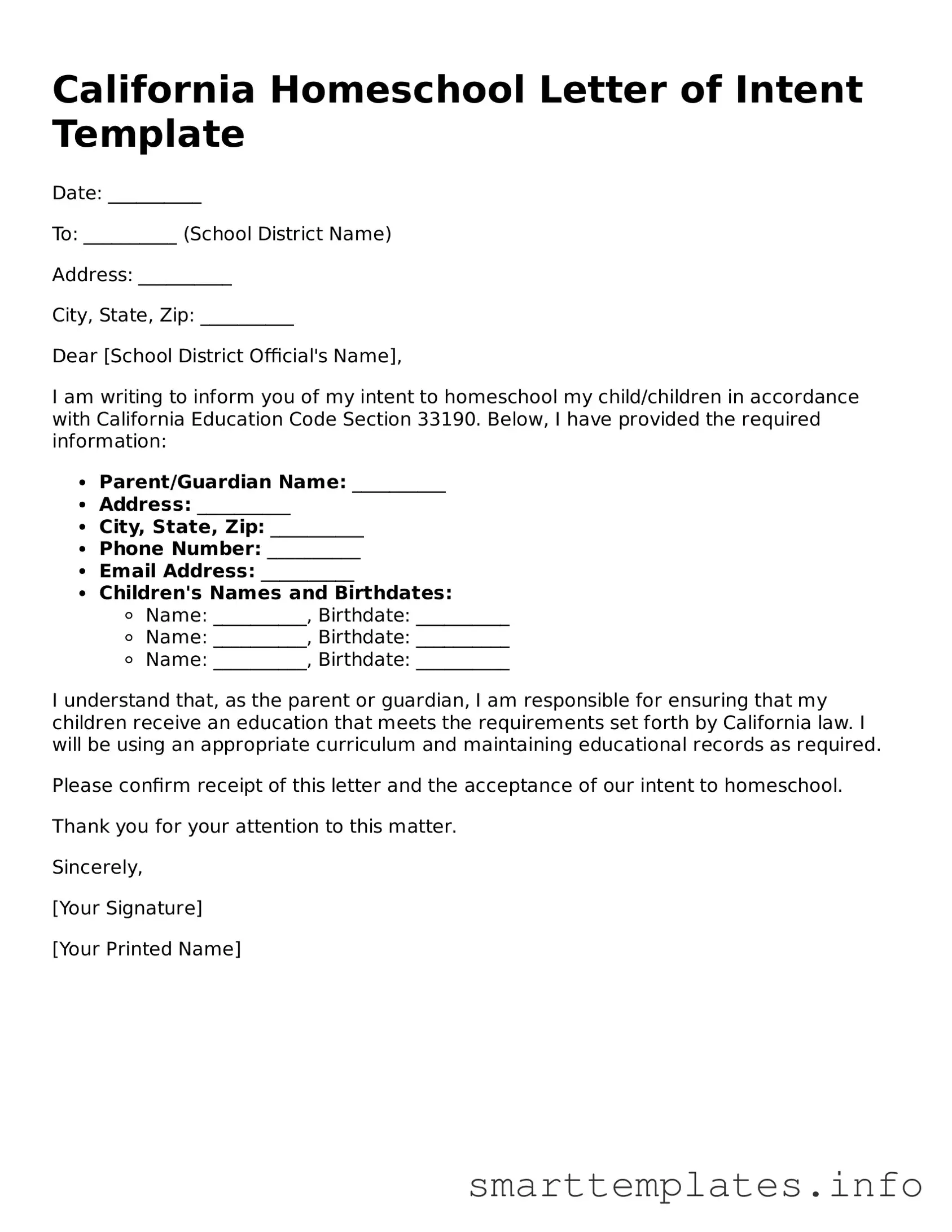 Legal Homeschool Letter of Intent Template for California State