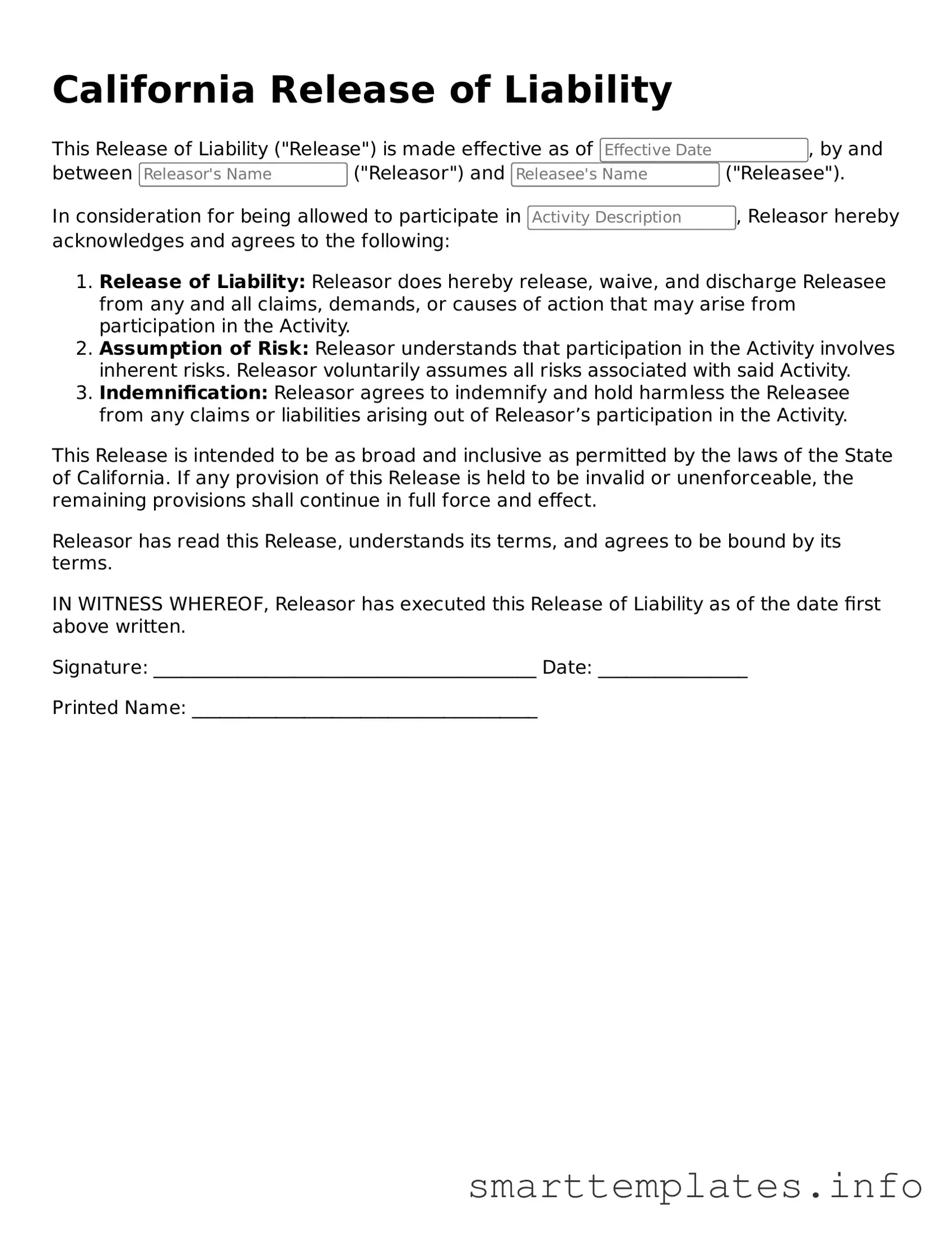 Legal Release of Liability Template for California State
