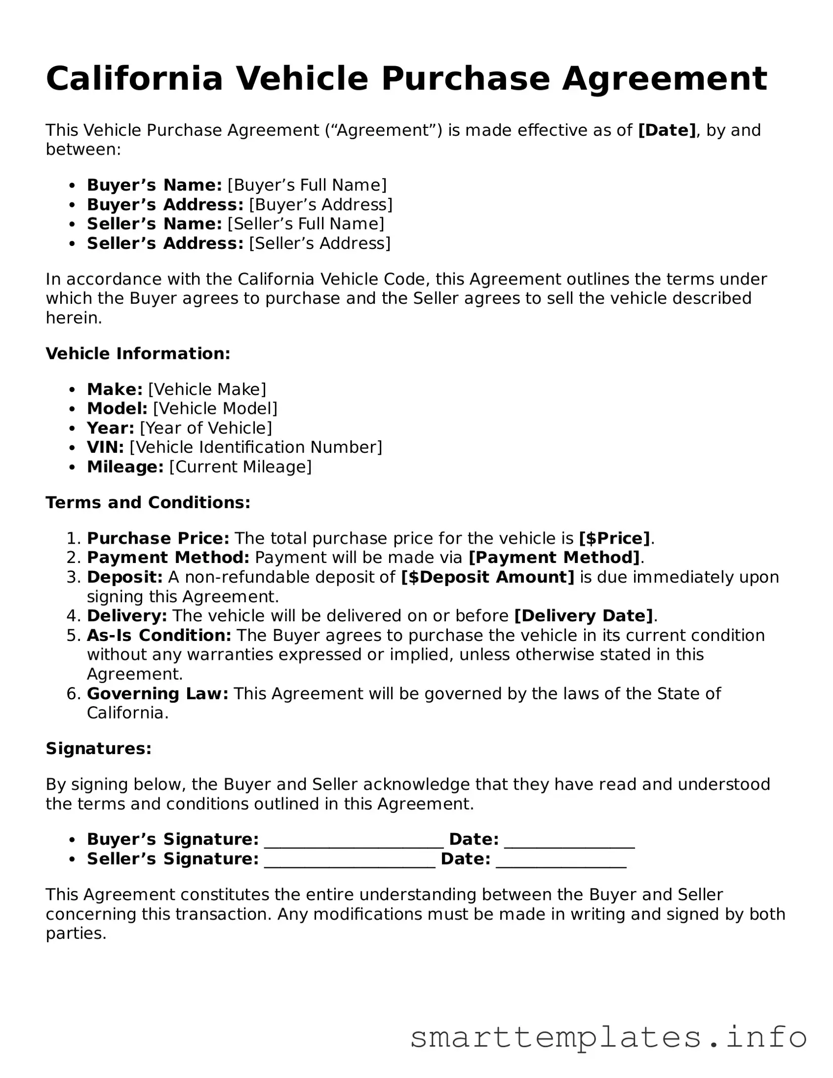 Legal Vehicle Purchase Agreement Template for California State
