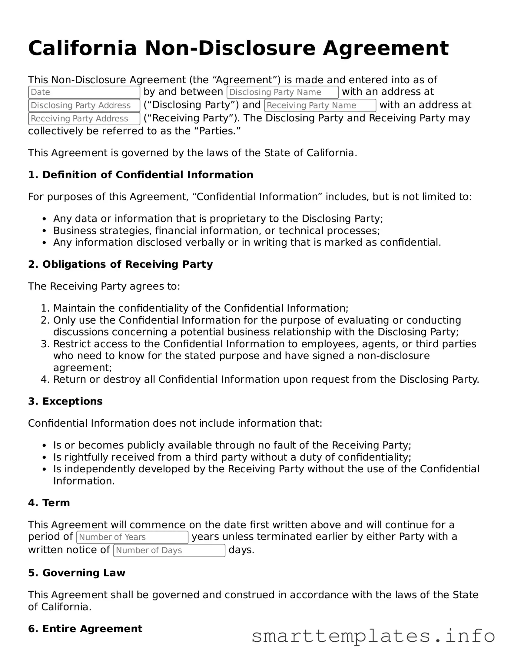 Legal Non-disclosure Agreement Template for California State