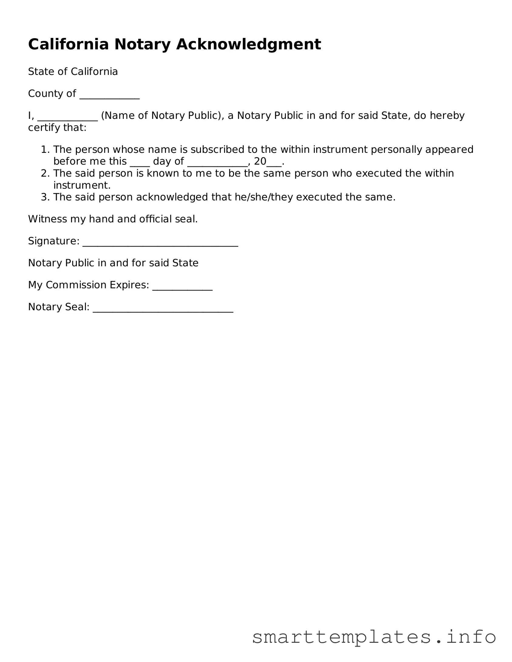 Legal Notary Acknowledgement Template for California State