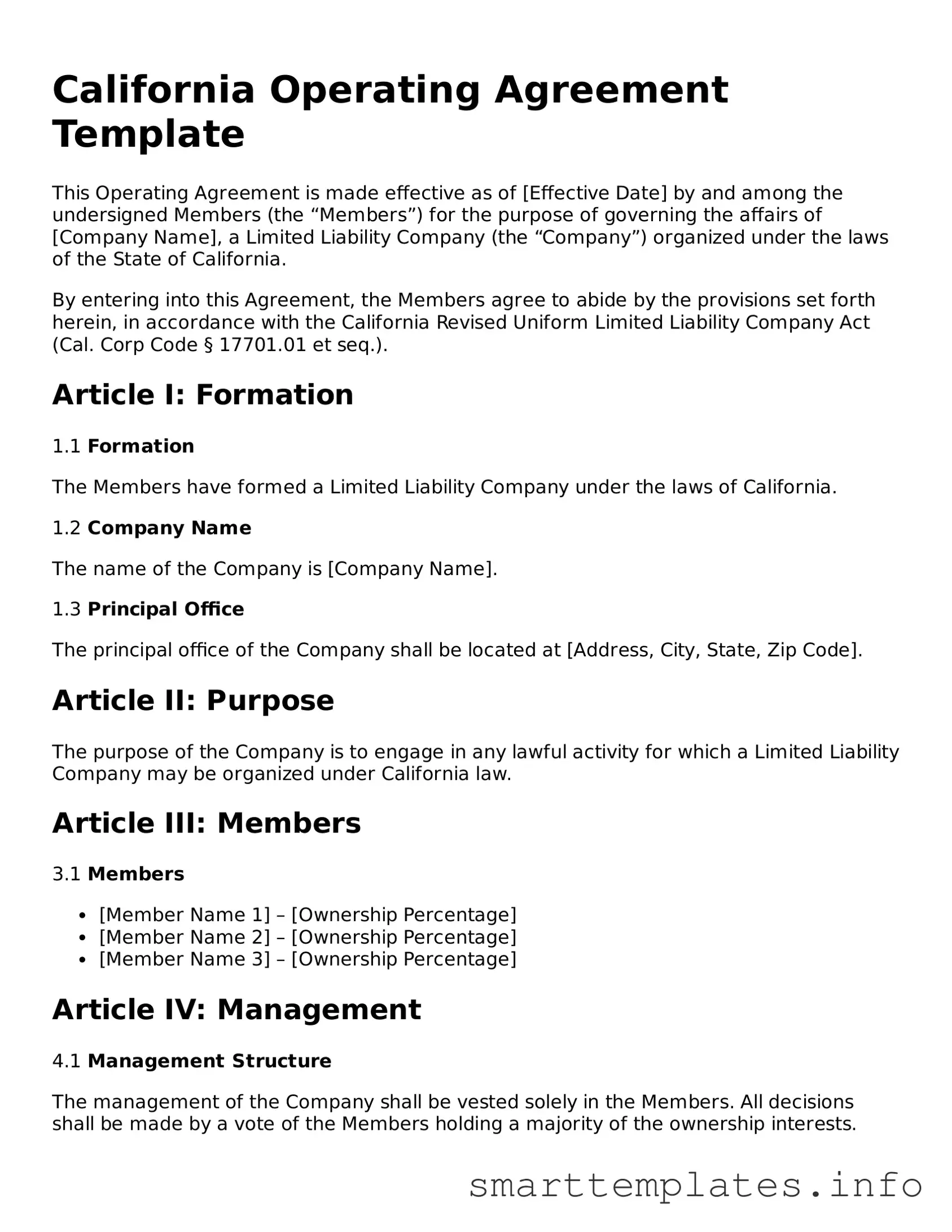Legal Operating Agreement Template for California State