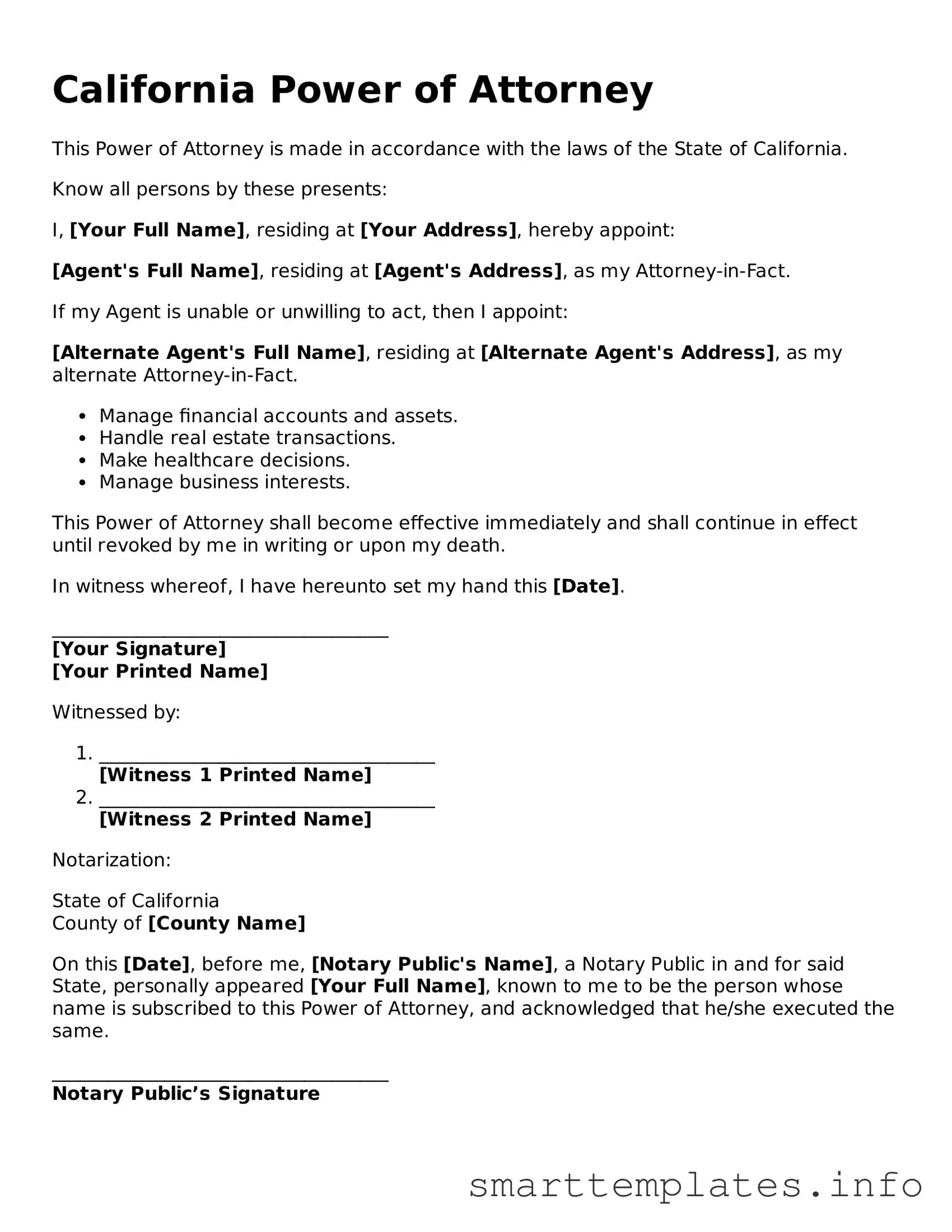 Legal Power of Attorney Template for California State