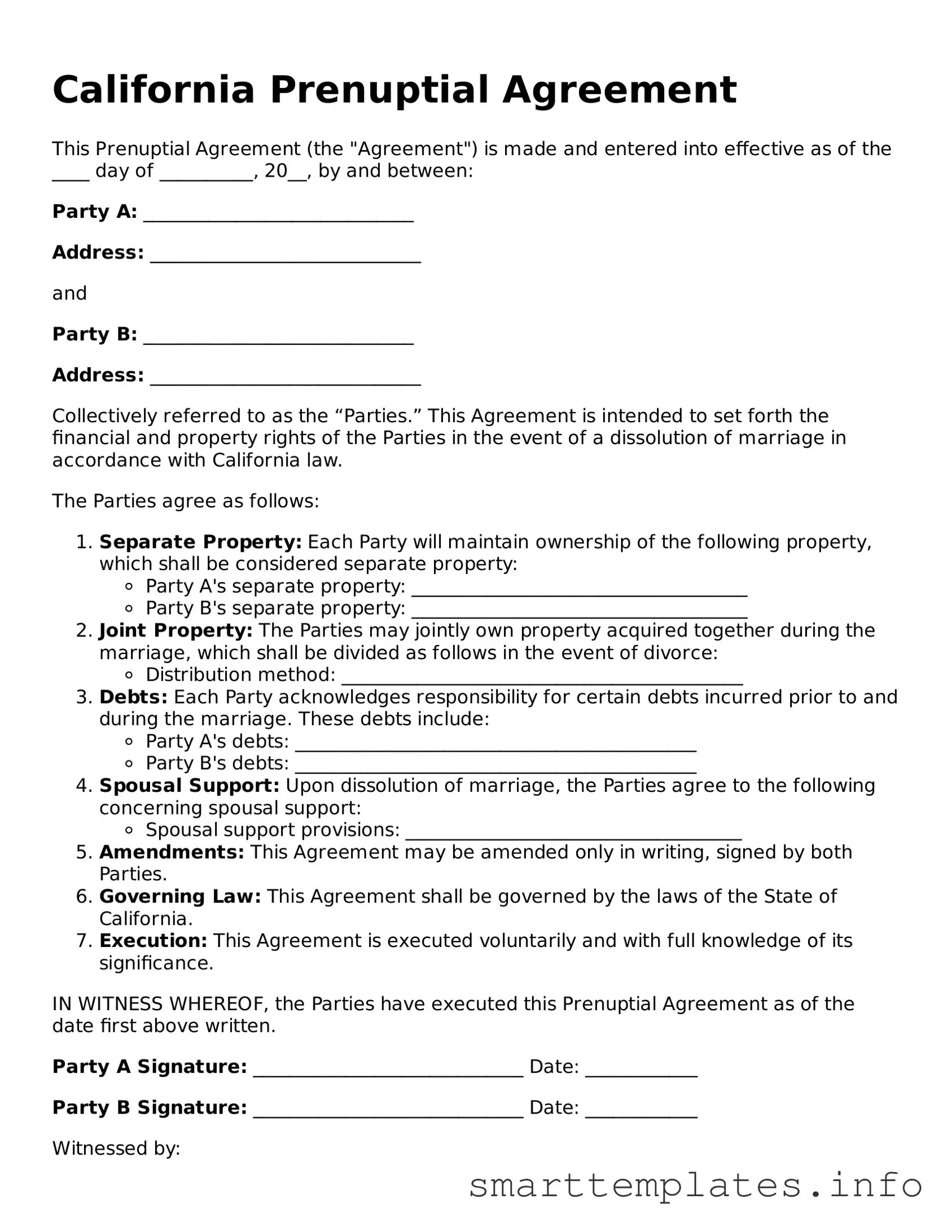 Legal Prenuptial Agreement Template for California State