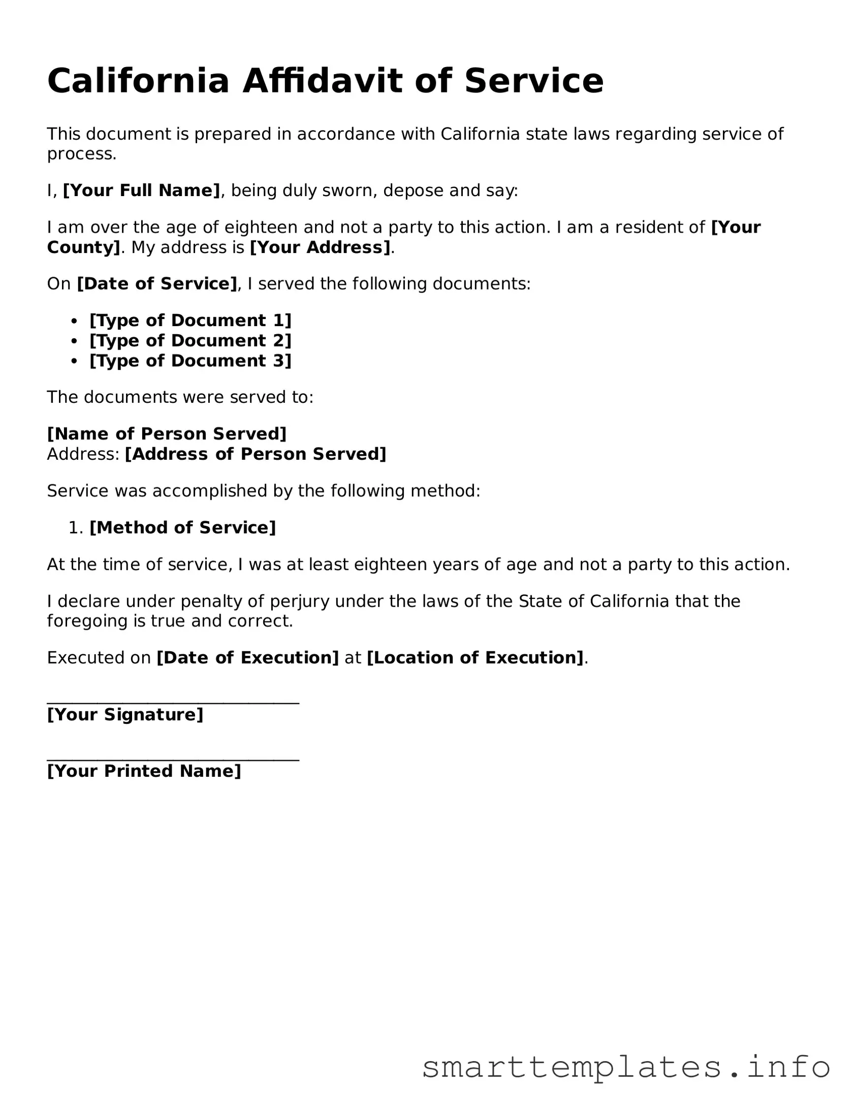 Legal Affidavit of Service Template for California State