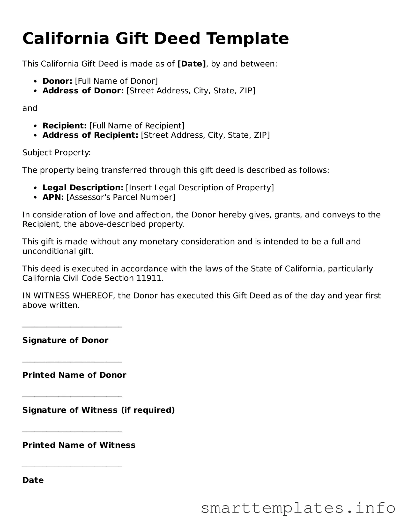 Legal Gift Deed Template for California State