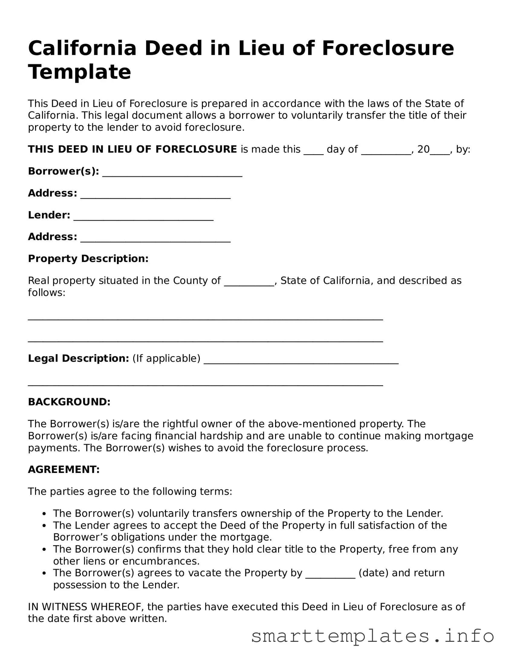 Legal Deed in Lieu of Foreclosure Template for California State