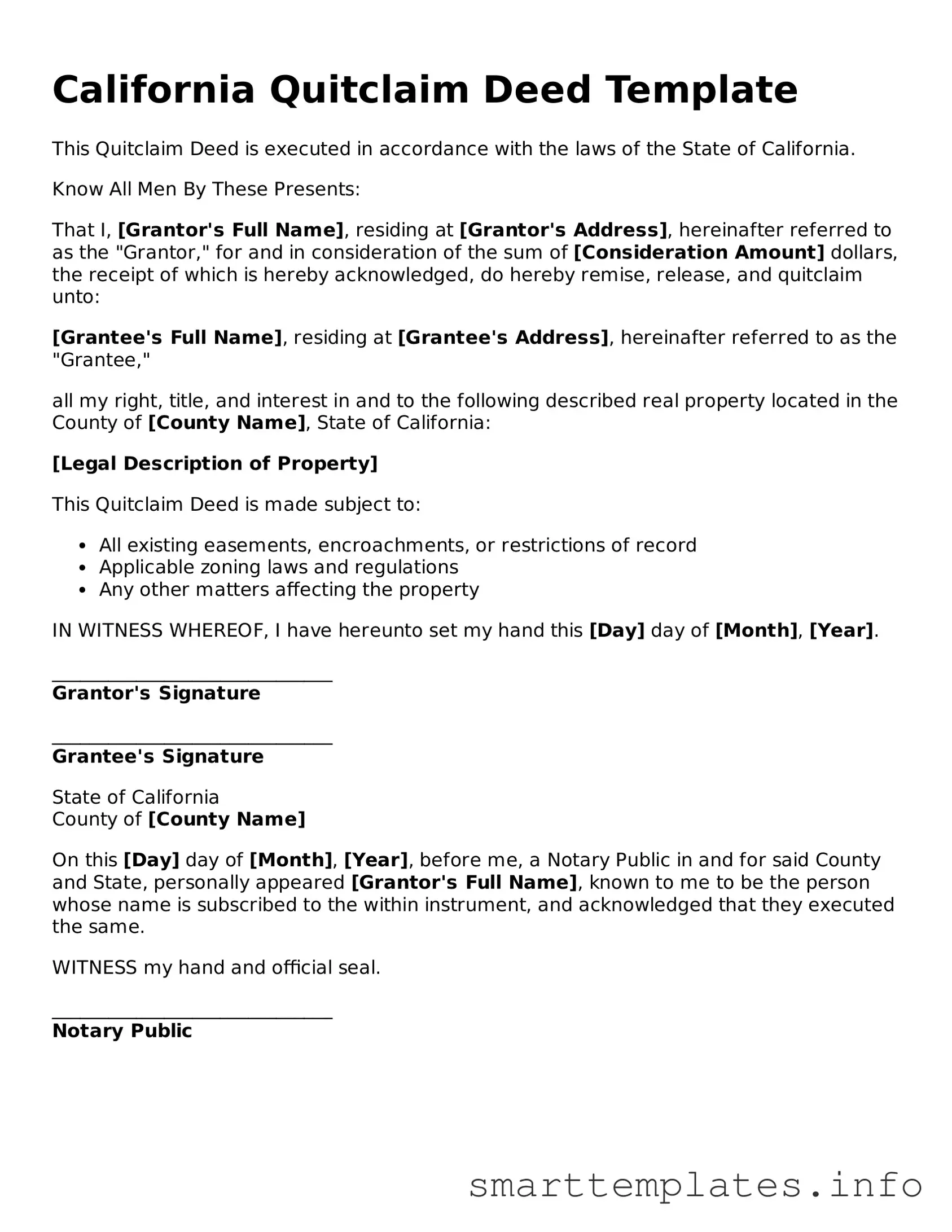 Legal Quitclaim Deed Template for California State