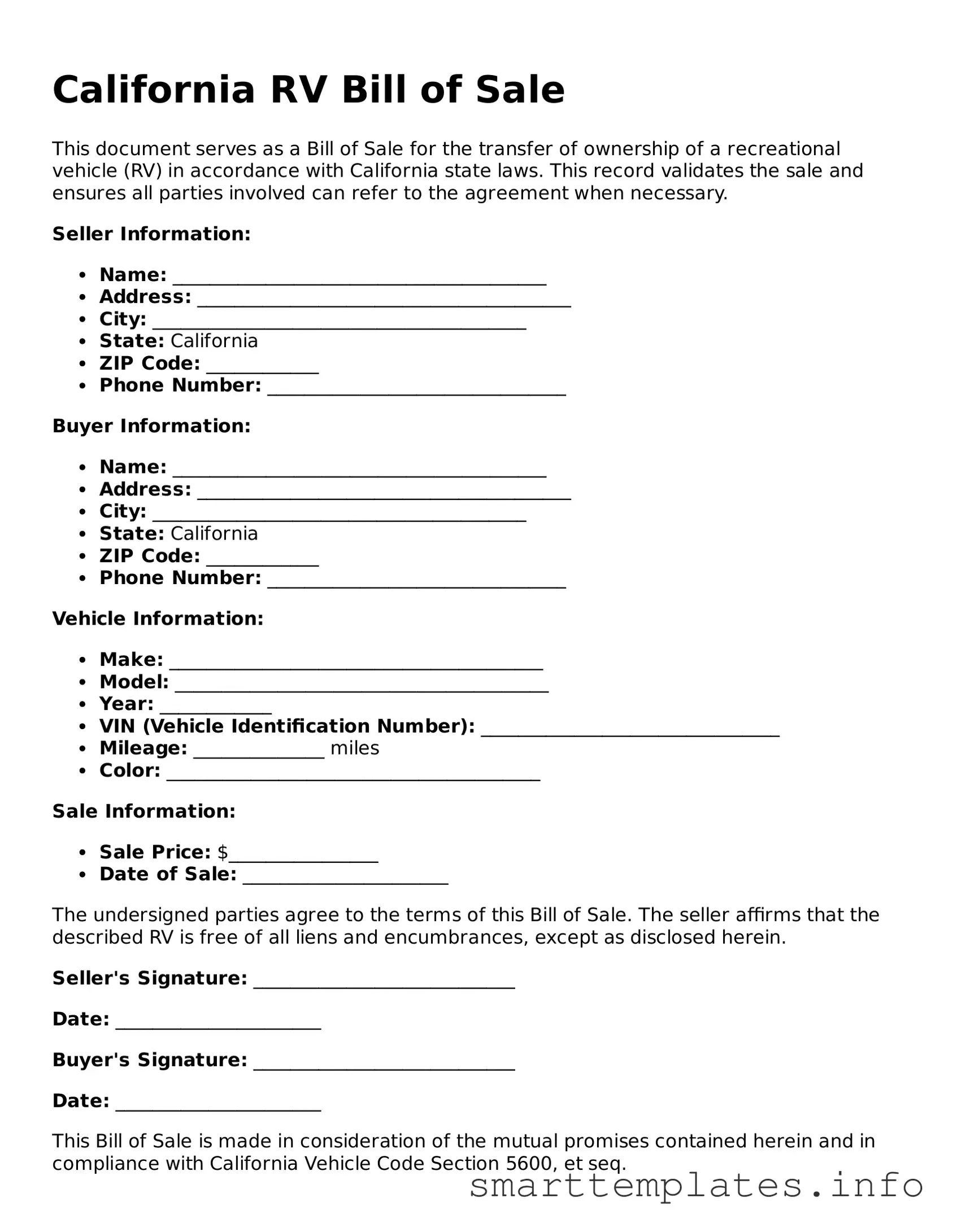 Legal RV Bill of Sale Template for California State