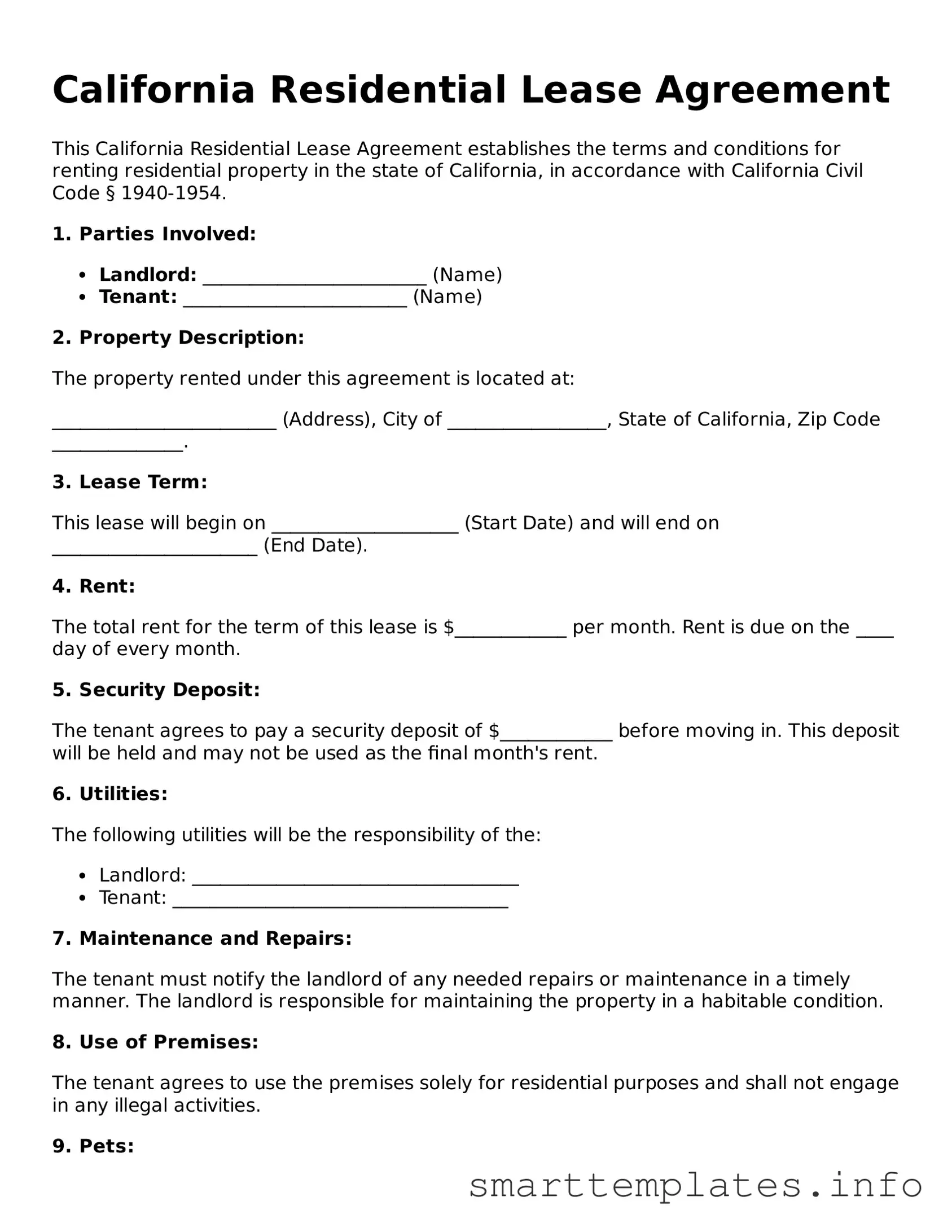 Legal Residential Lease Agreement Template for California State