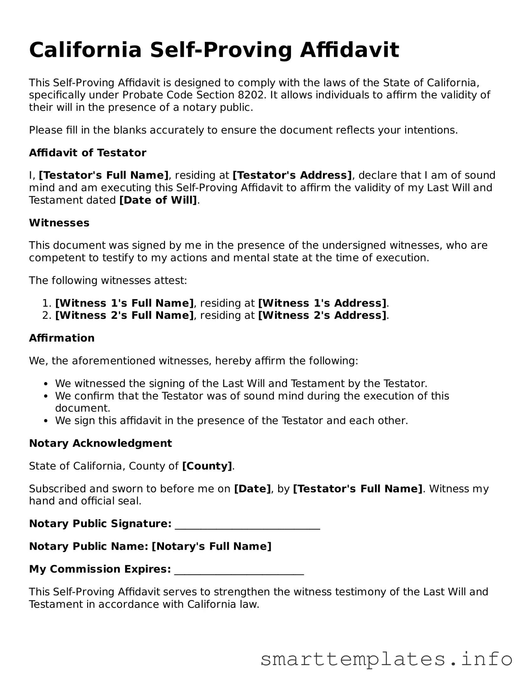 Legal Self-Proving Affidavit Template for California State