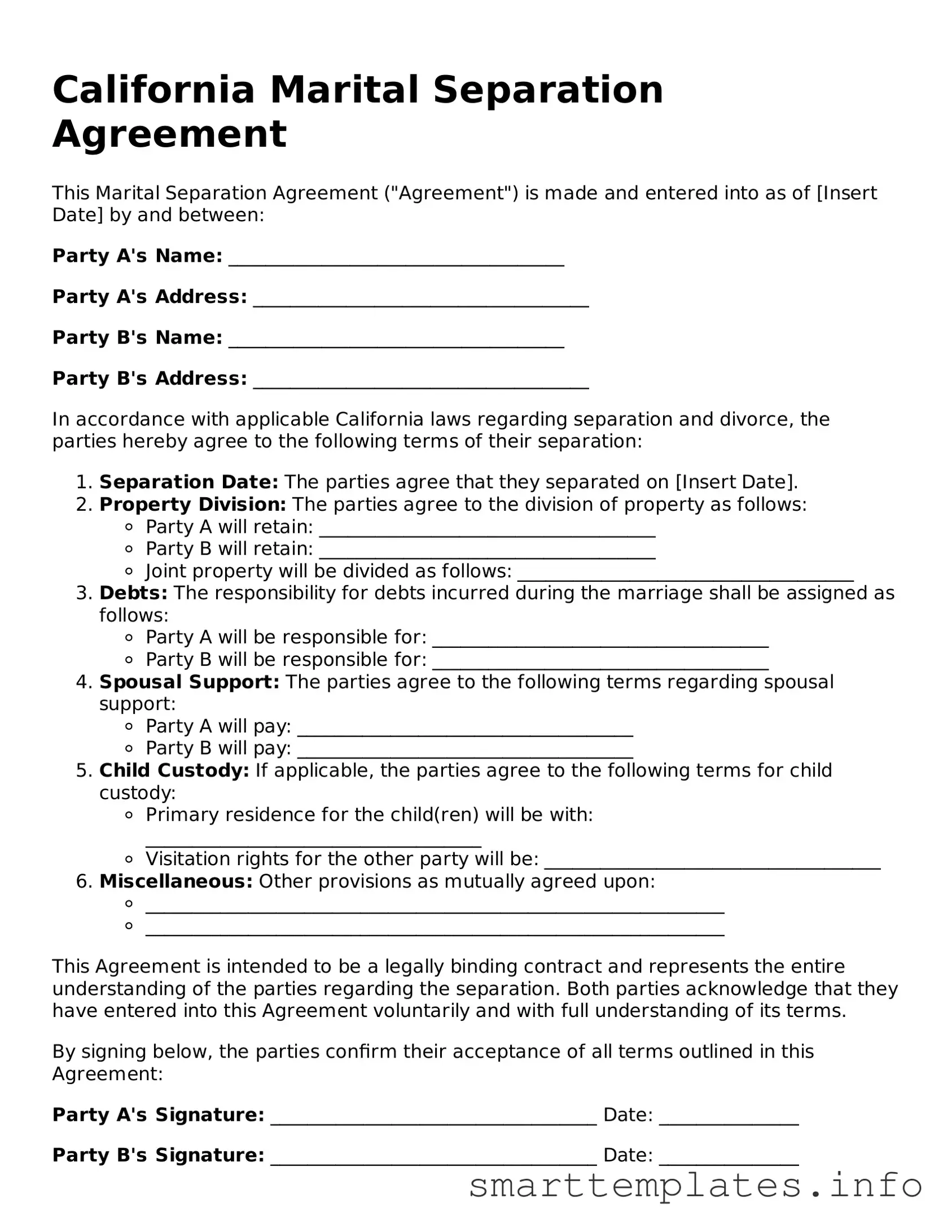 Legal Marital Separation Agreement Template for California State