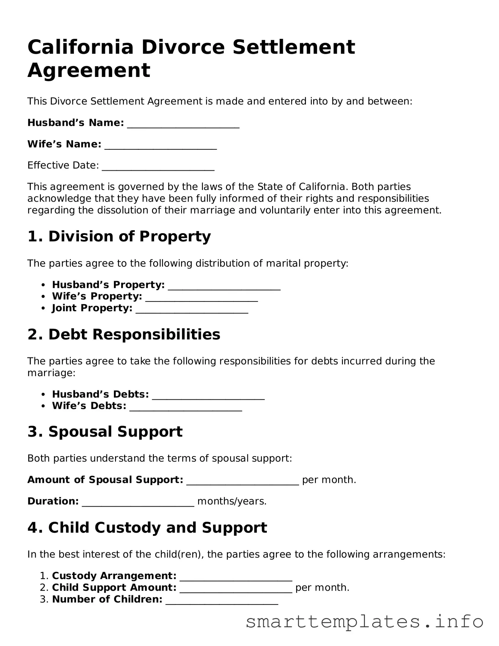 Legal Divorce Settlement Agreement Template for California State