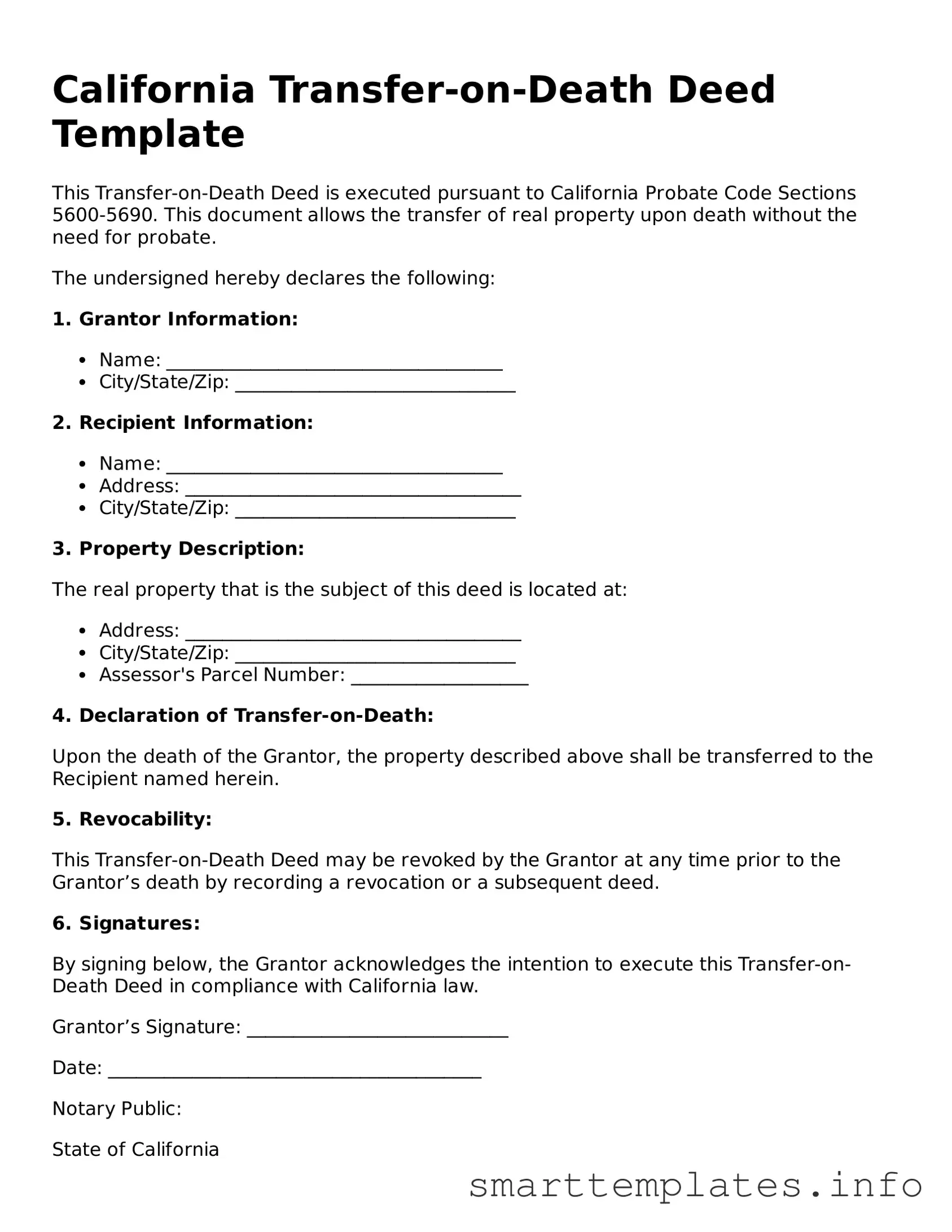 Legal Transfer-on-Death Deed Template for California State