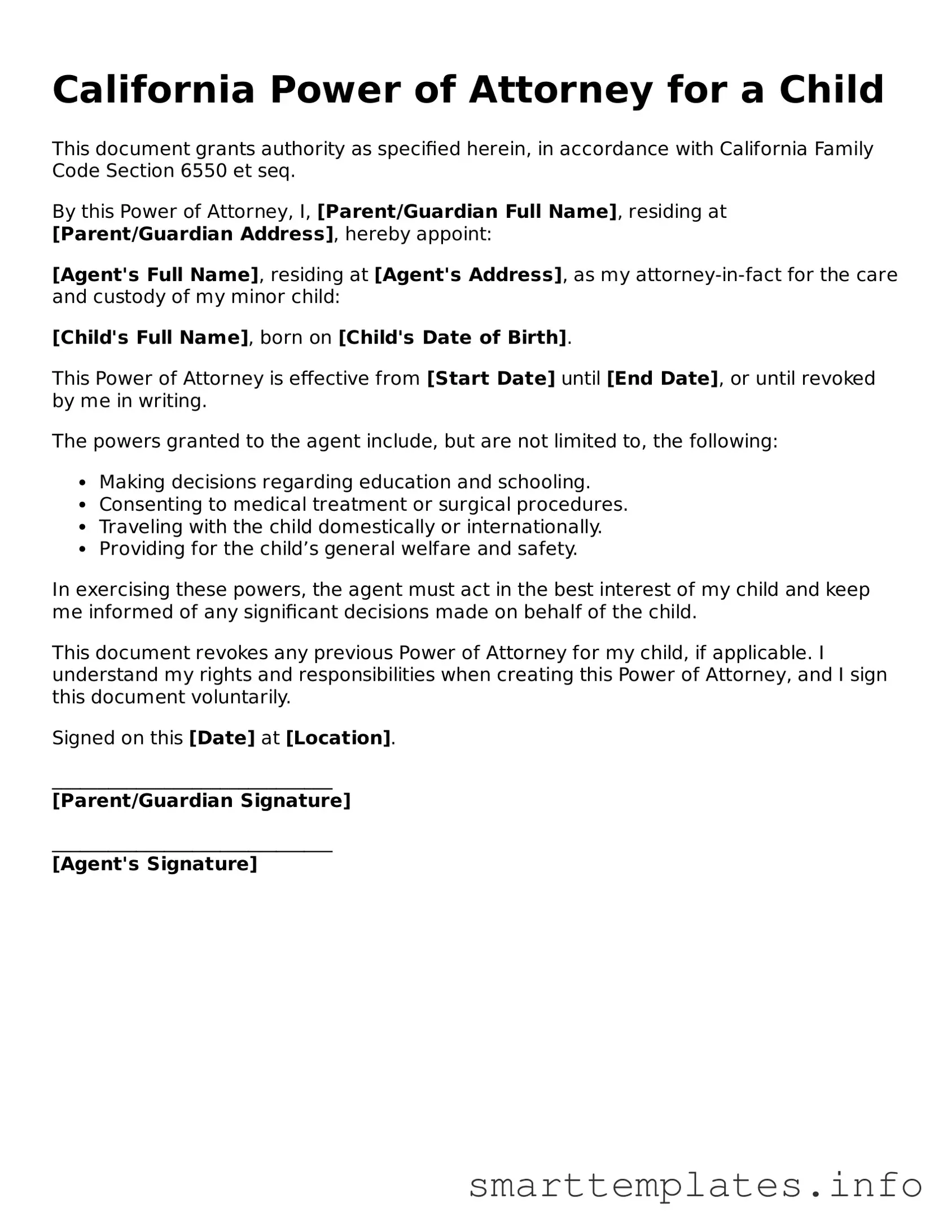 Legal Power of Attorney for a Child Template for California State