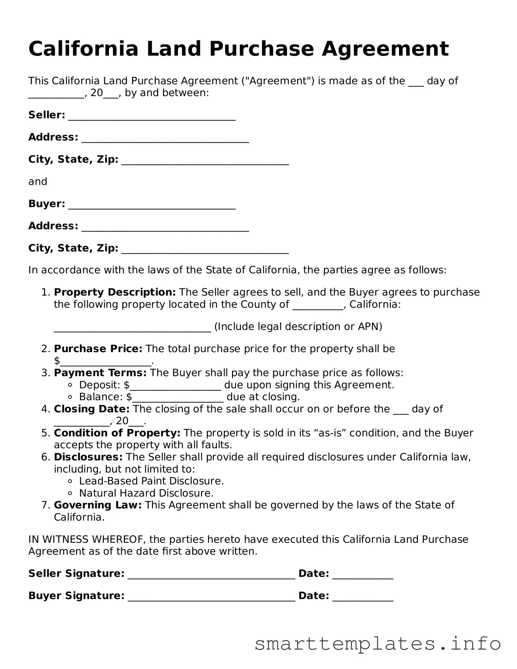 Legal Land Purchase Agreement Template for California State
