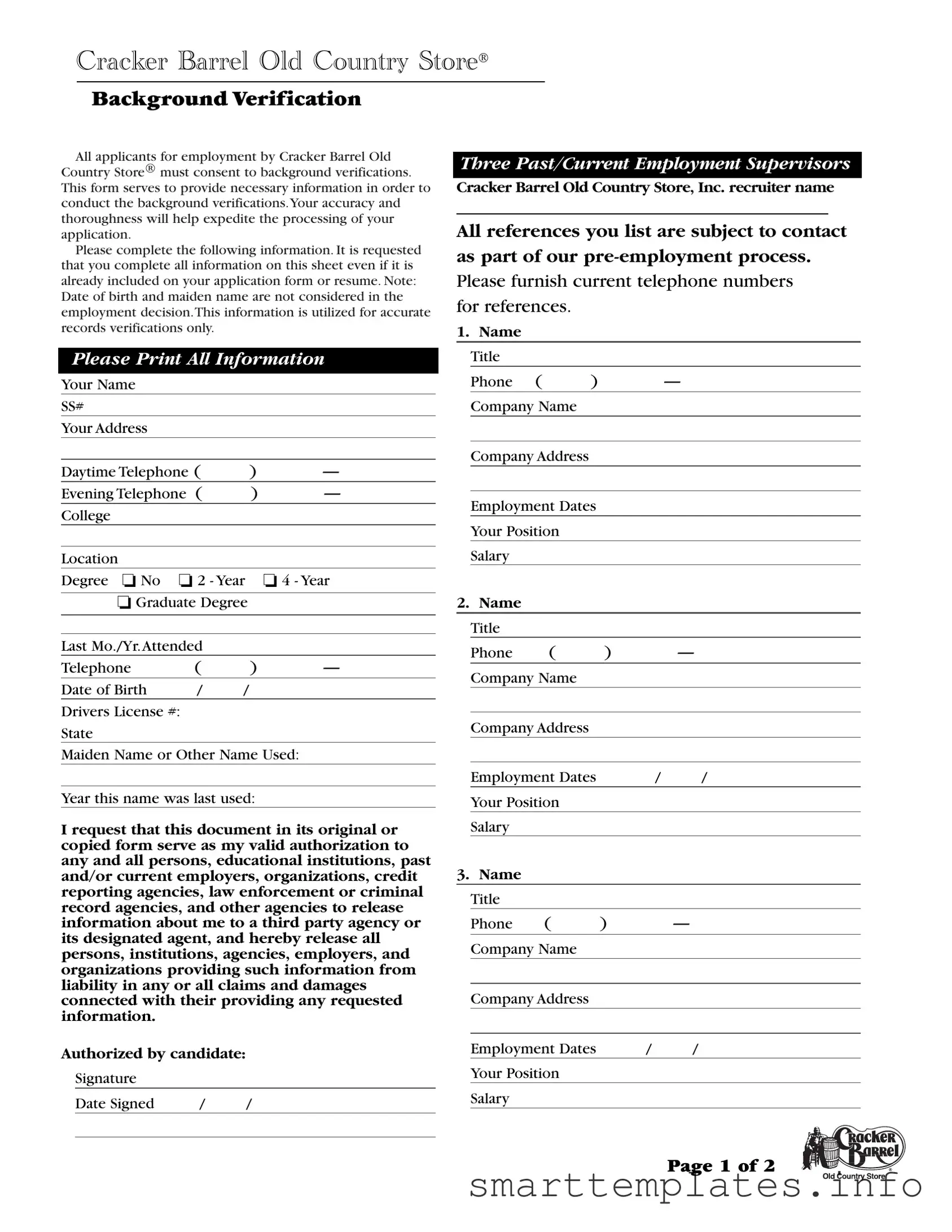 Fill in a Valid Cracker Barrel Background Check Form