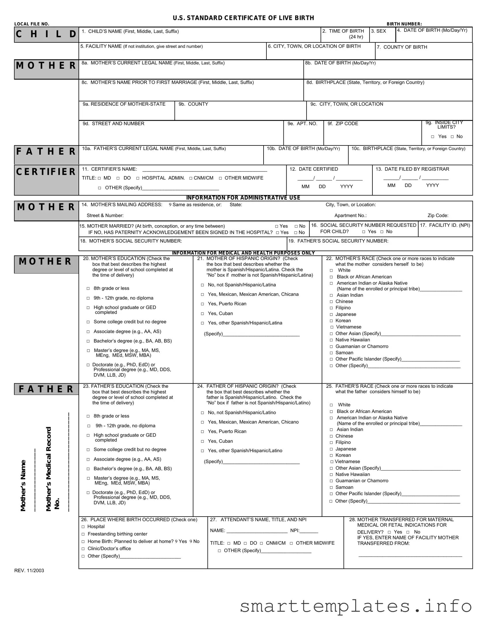 Fill in a Valid CDC U.S. Standard Certificate of Live Birth Form