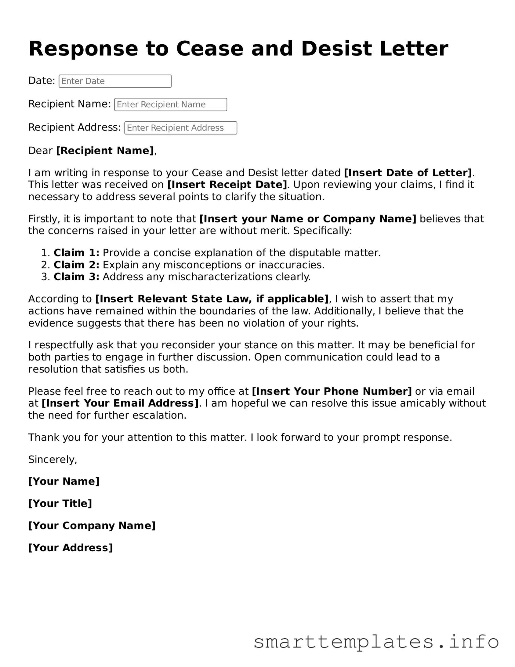 Attorney-Approved Response to a Cease and Desist Letter Template